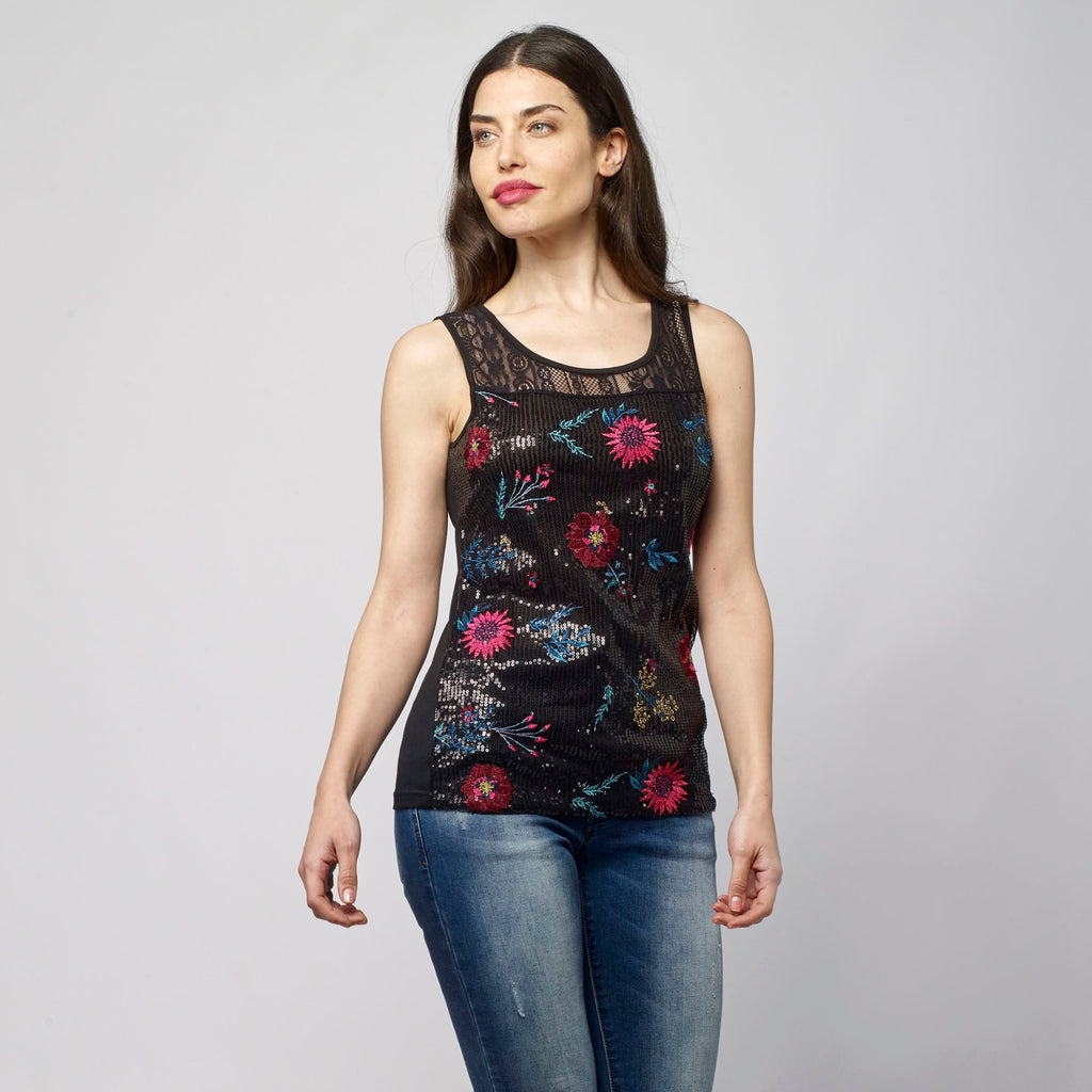Top Sin Mangas Mujer Estampado Floral y Encaje – Koroshi Negro