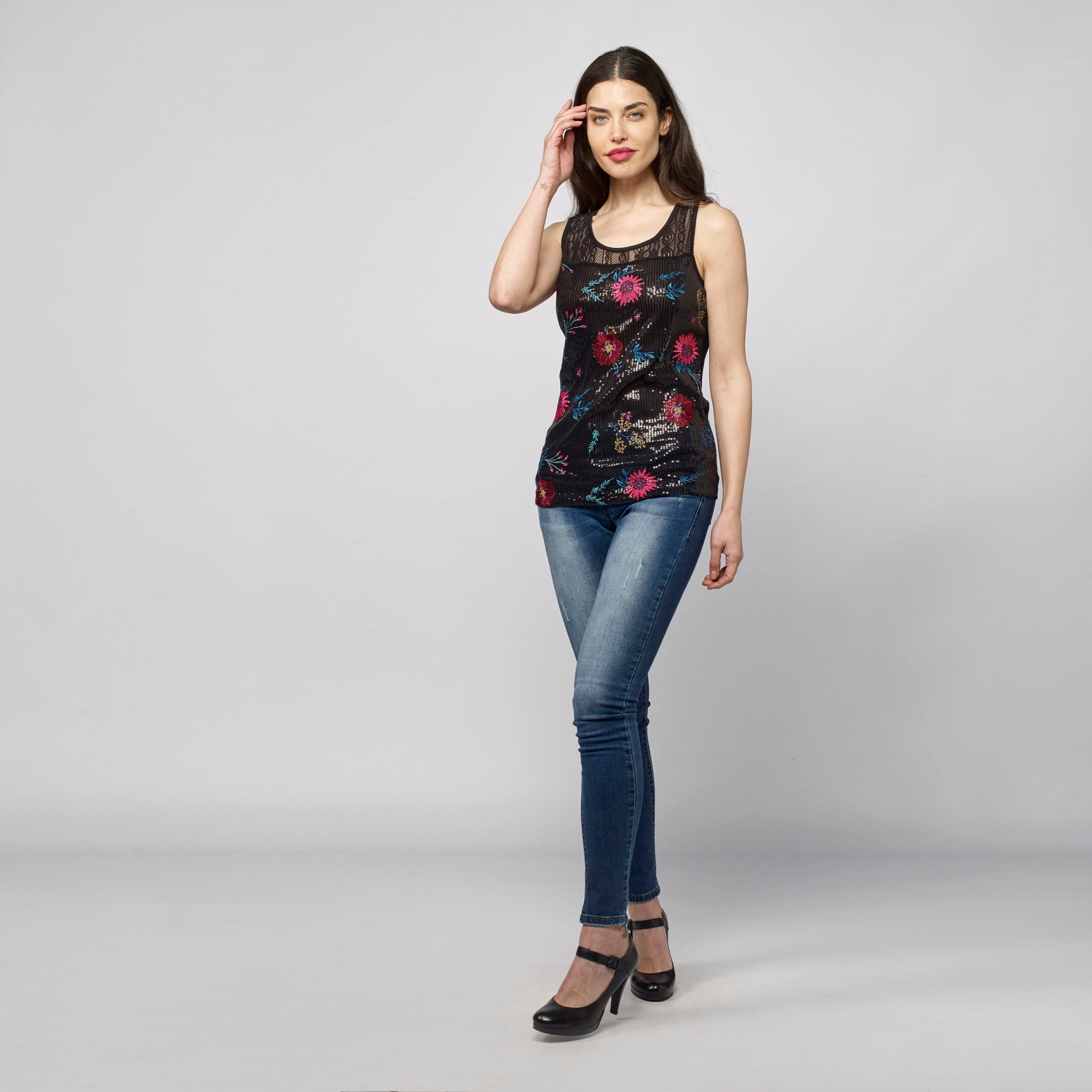 Top Sin Mangas Mujer Estampado Floral y Encaje – Koroshi Negro