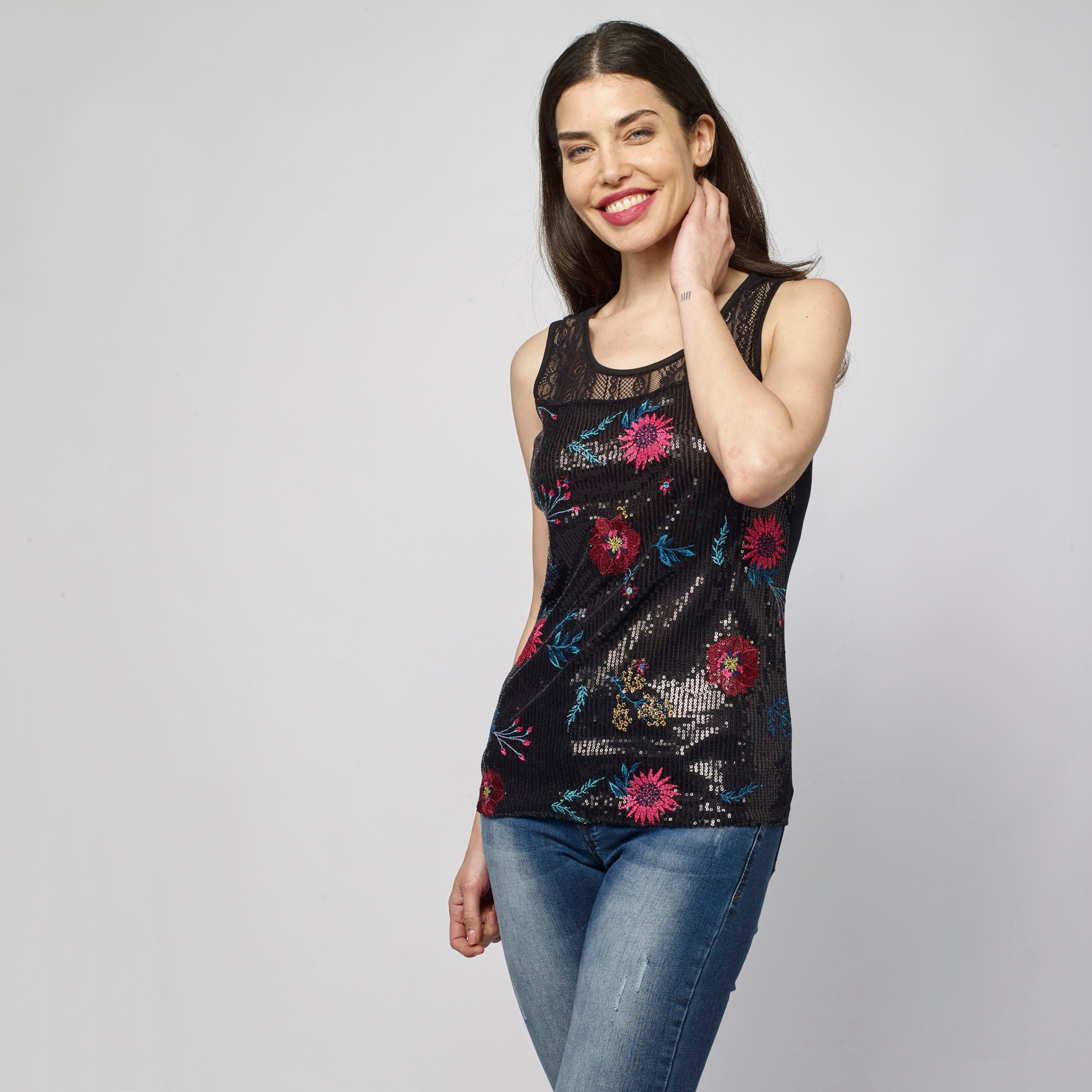 Top Sin Mangas Mujer Estampado Floral y Encaje – Koroshi Negro