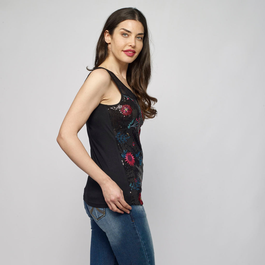 Top Sin Mangas Mujer Estampado Floral y Encaje – Koroshi Negro