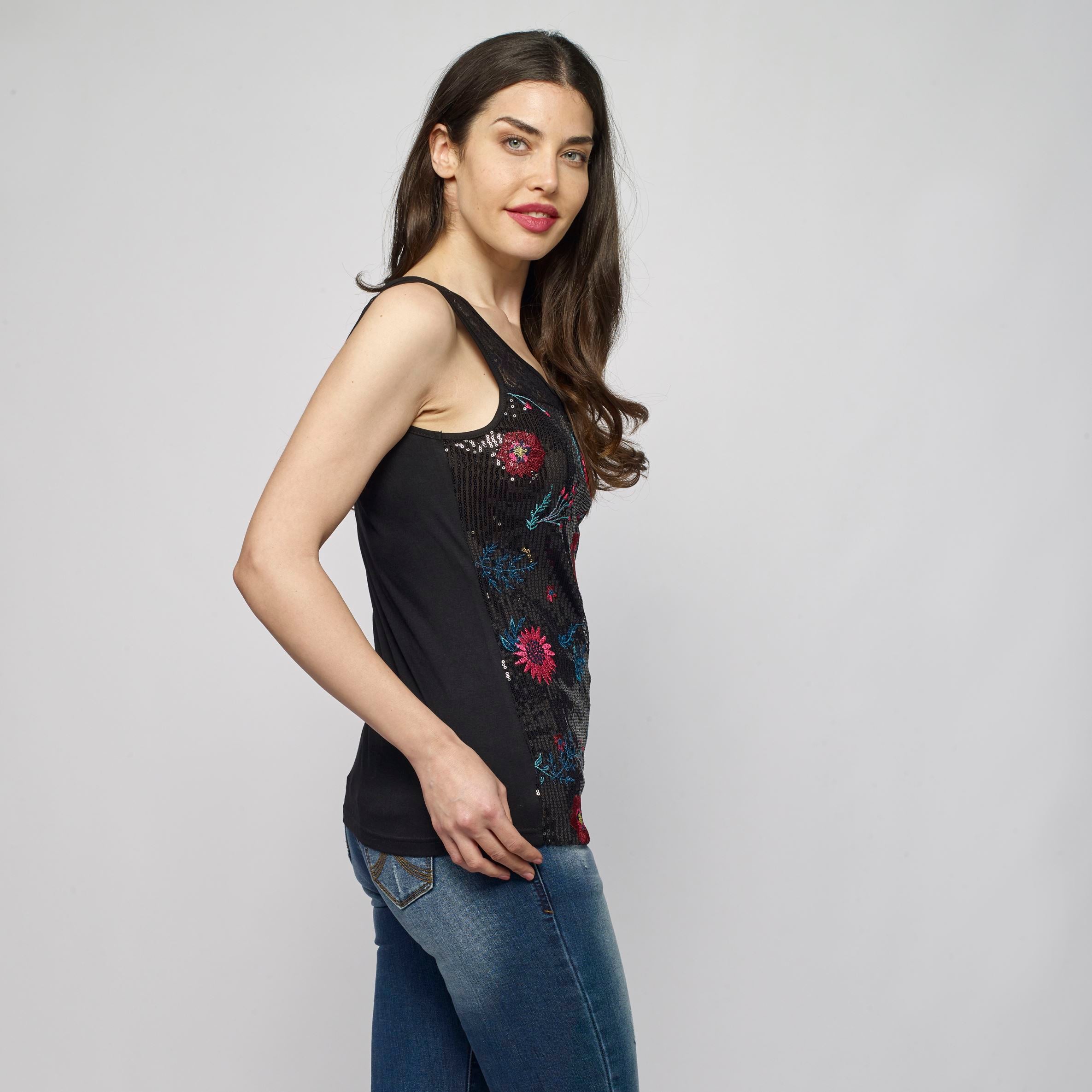 Top Sin Mangas Mujer Estampado Floral y Encaje – Koroshi Negro