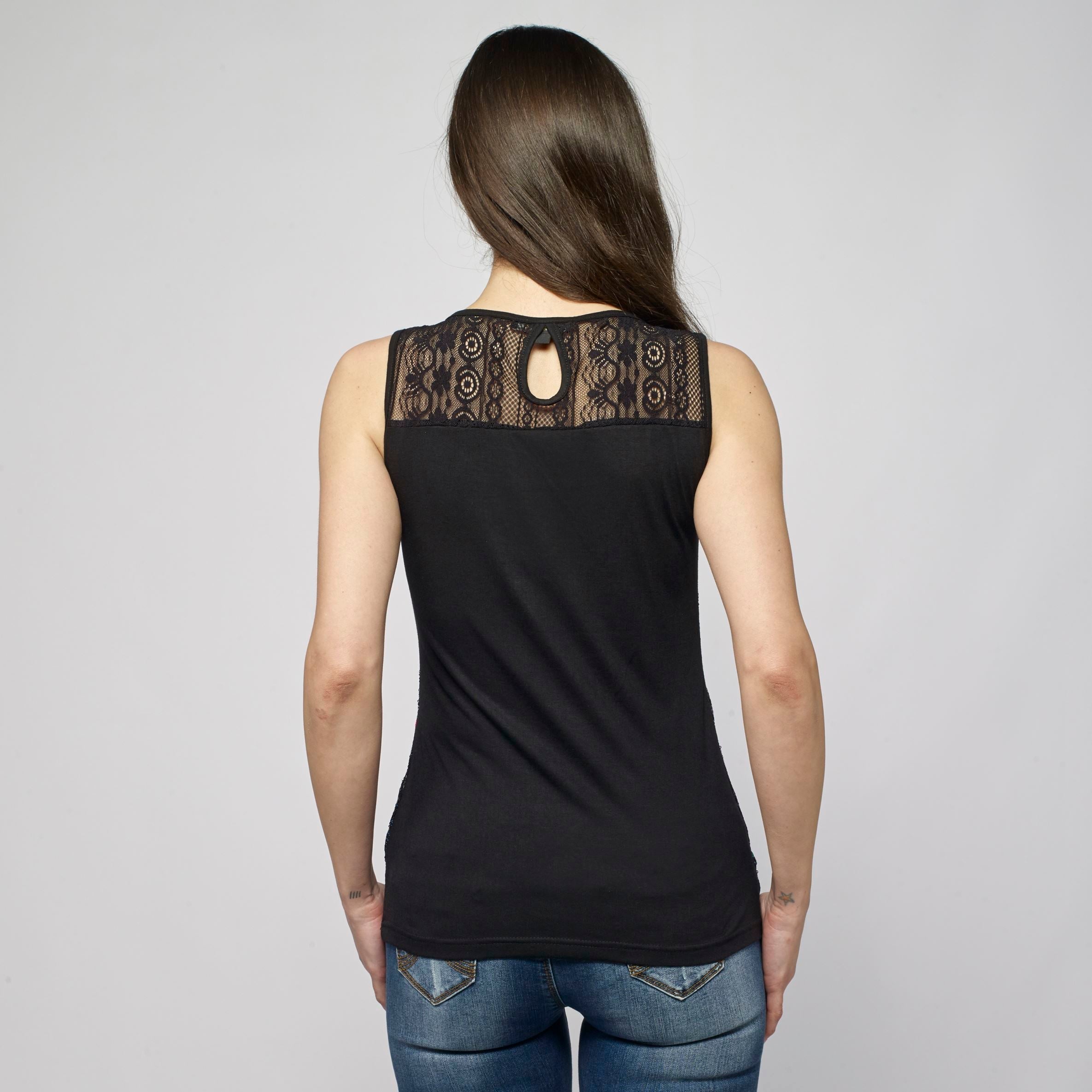Top Sin Mangas Mujer Estampado Floral y Encaje – Koroshi Negro