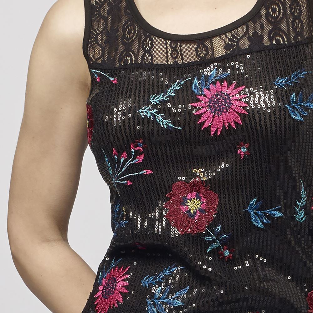 Top Sin Mangas Mujer Estampado Floral y Encaje – Koroshi Negro