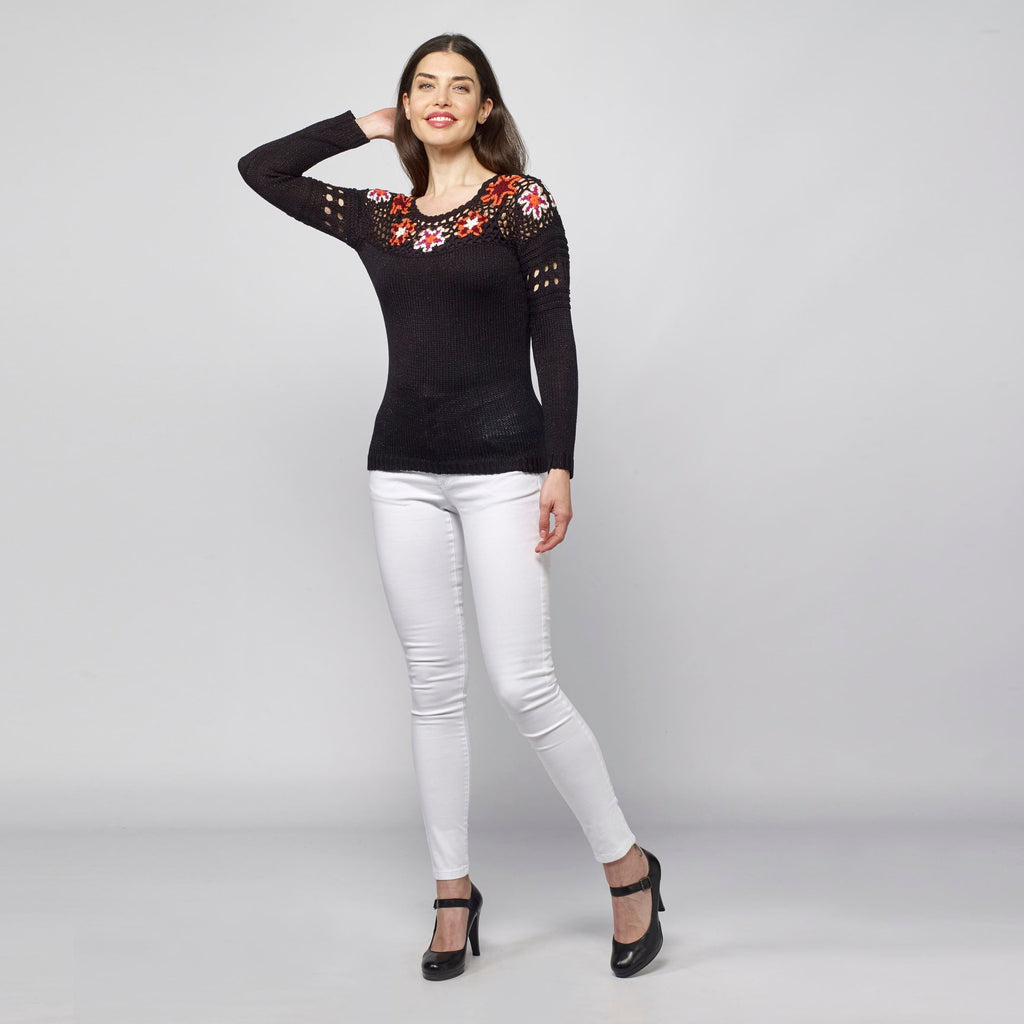Jersey de Punto Mujer Cuello Redondo con Flores – Koroshi Negro