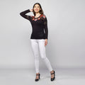 Jersey de Punto Mujer Cuello Redondo con Flores – Koroshi Negro
