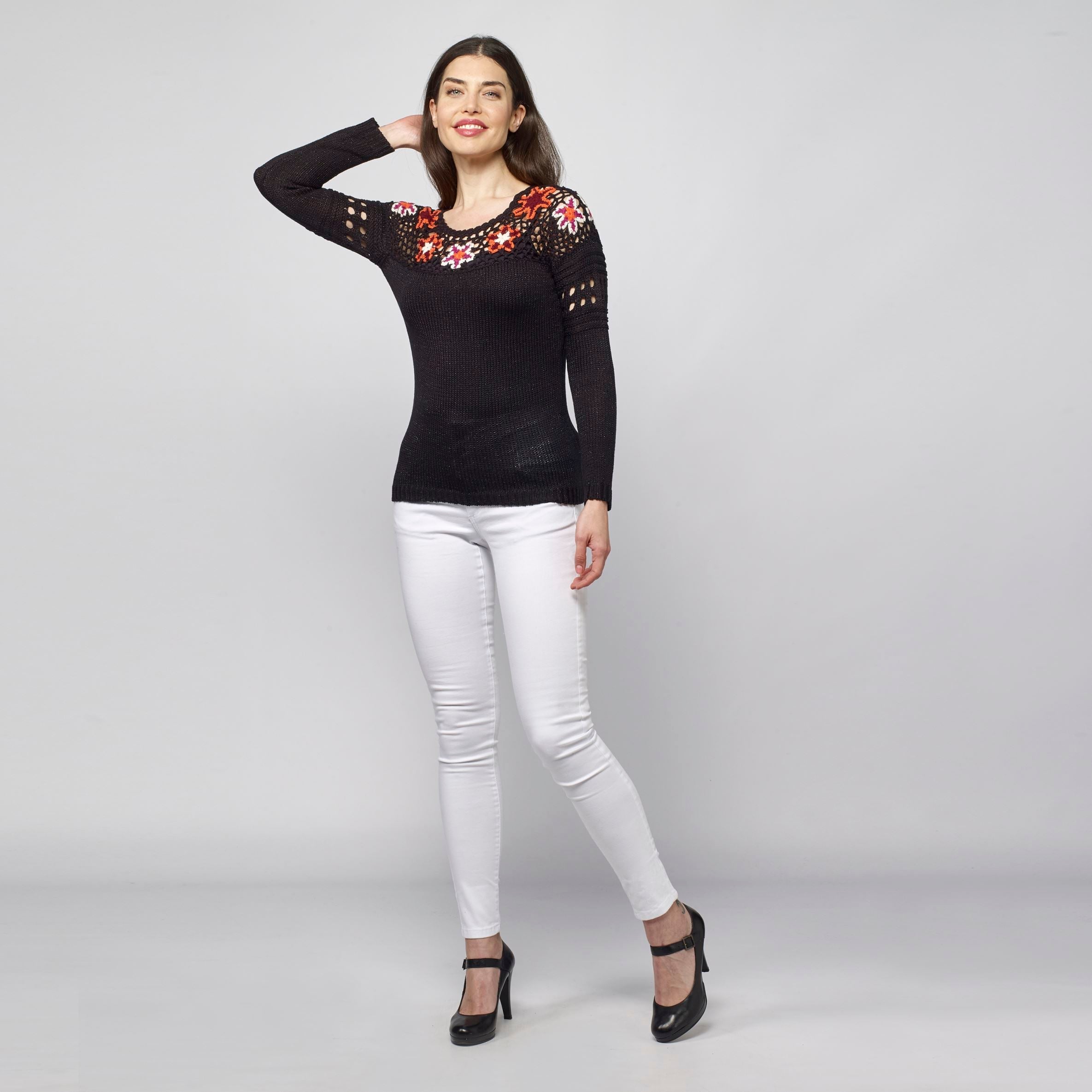 Jersey de Punto Mujer Cuello Redondo con Flores – Koroshi Negro