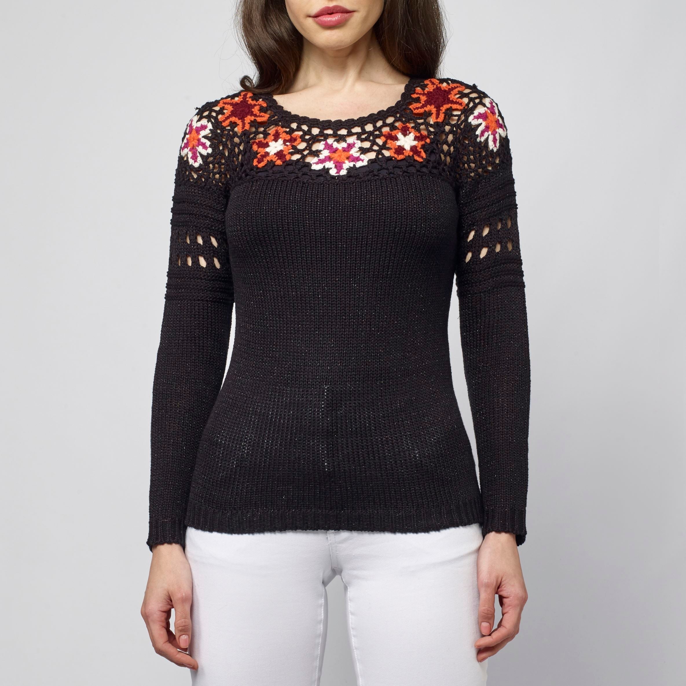 Jersey de Punto Mujer Cuello Redondo con Flores – Koroshi Negro