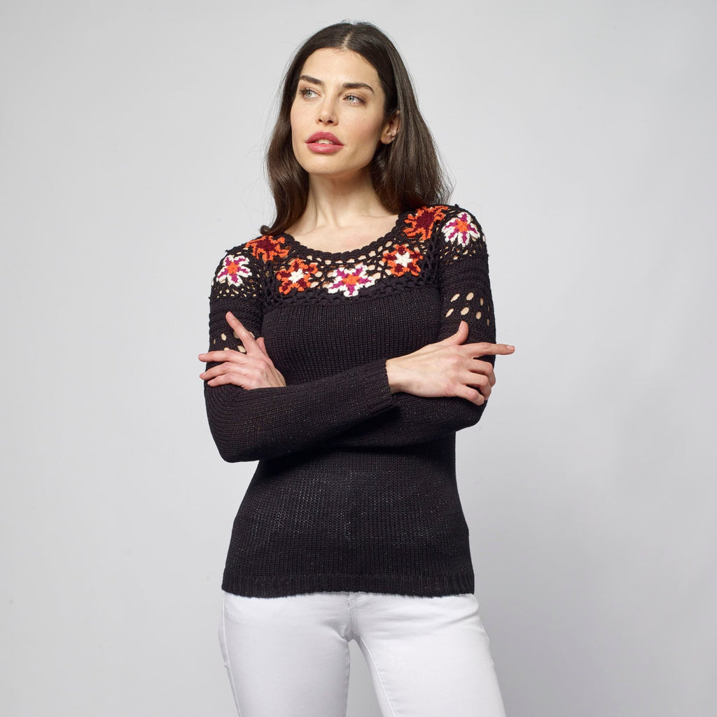 Jersey de Punto Mujer Cuello Redondo con Flores – Koroshi Negro