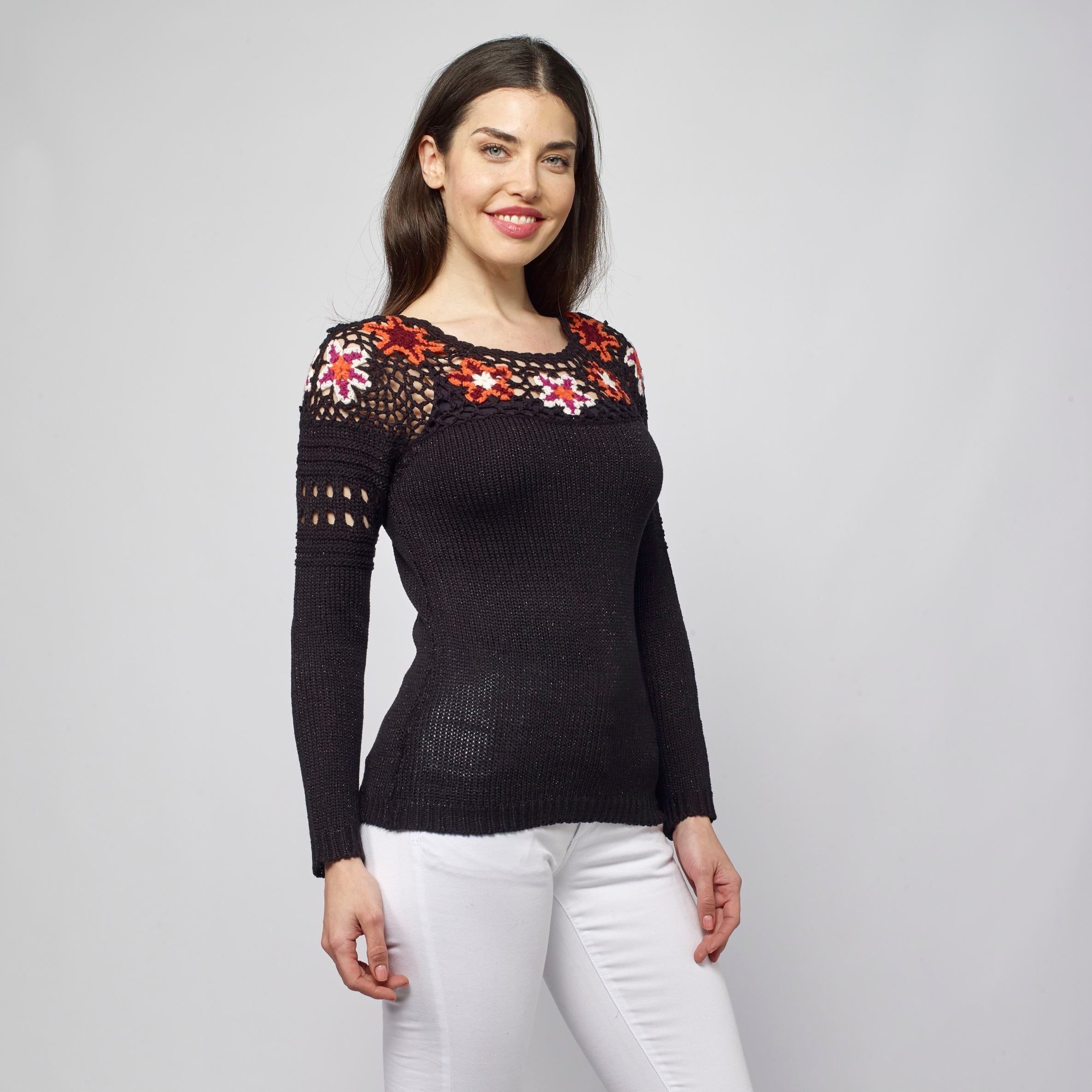 Jersey de Punto Mujer Cuello Redondo con Flores – Koroshi Negro