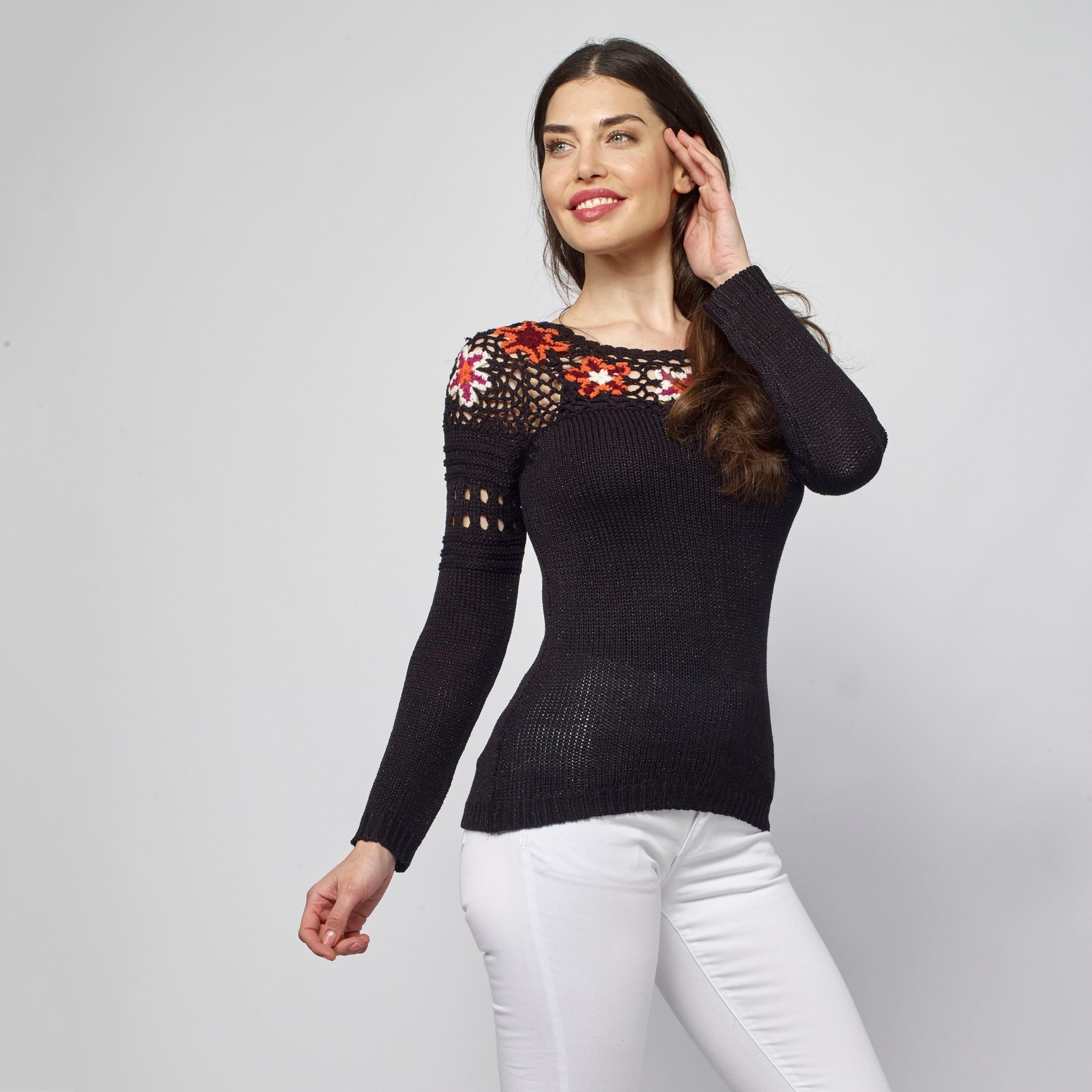 Jersey de Punto Mujer Cuello Redondo con Flores – Koroshi Negro