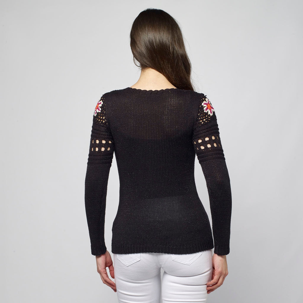 Jersey de Punto Mujer Cuello Redondo con Flores – Koroshi Negro