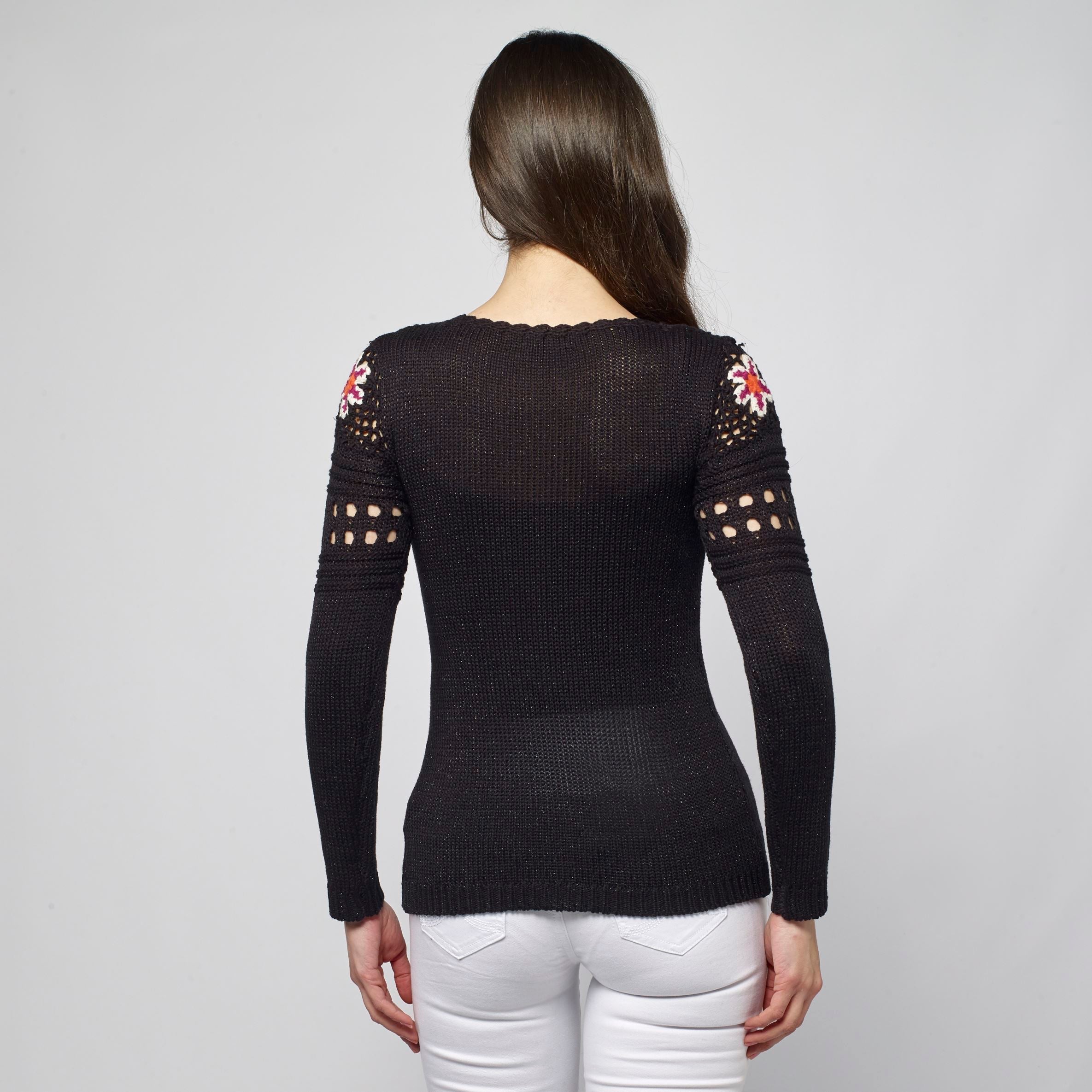 Jersey de Punto Mujer Cuello Redondo con Flores – Koroshi Negro