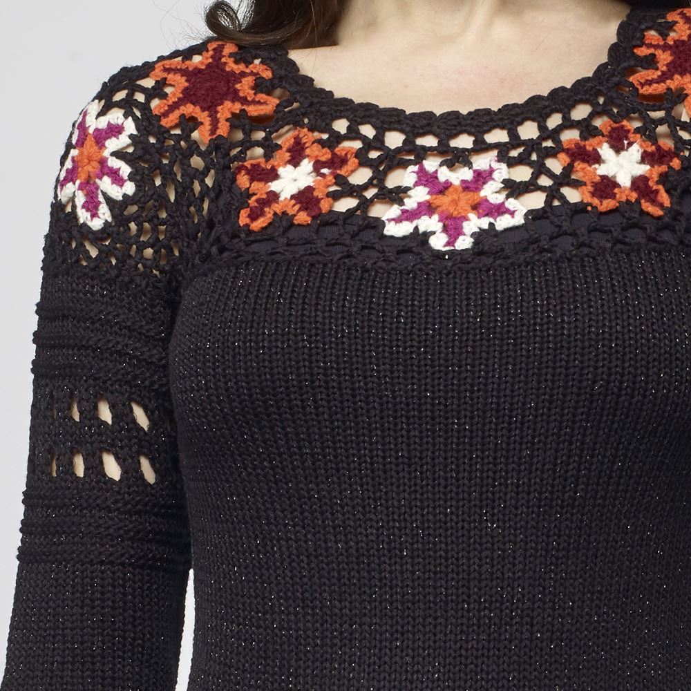 Jersey de Punto Mujer Cuello Redondo con Flores – Koroshi Negro