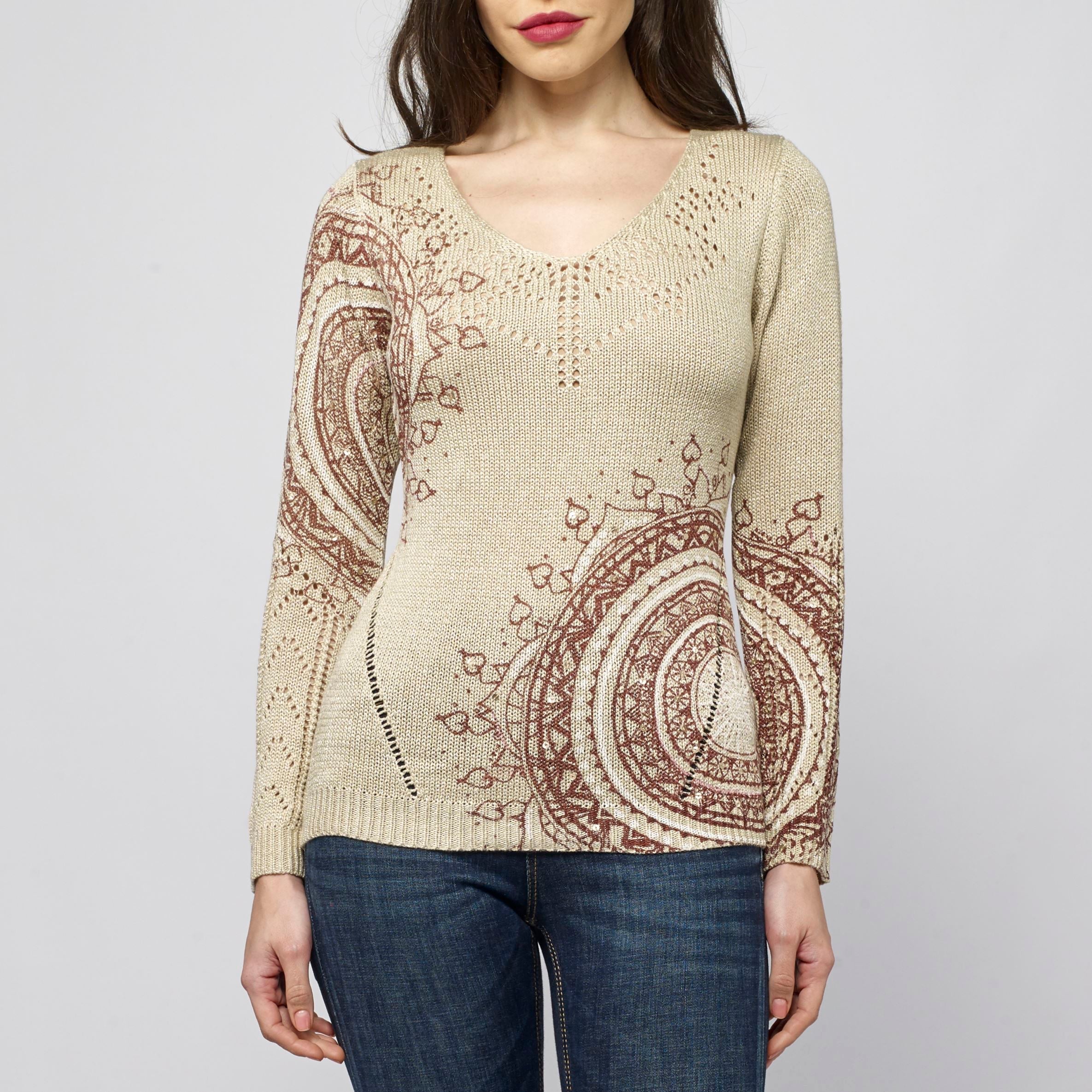 Jersey de Punto Mujer Cuello Pico Estampado Mandala – Koroshi Camel
