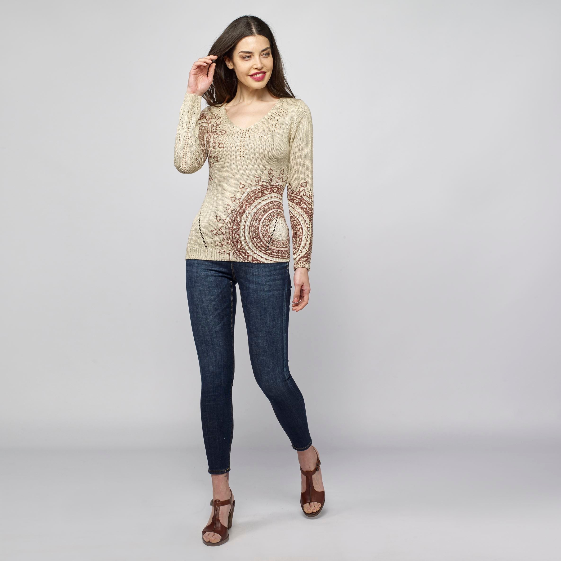 Jersey de Punto Mujer Cuello Pico Estampado Mandala – Koroshi Camel