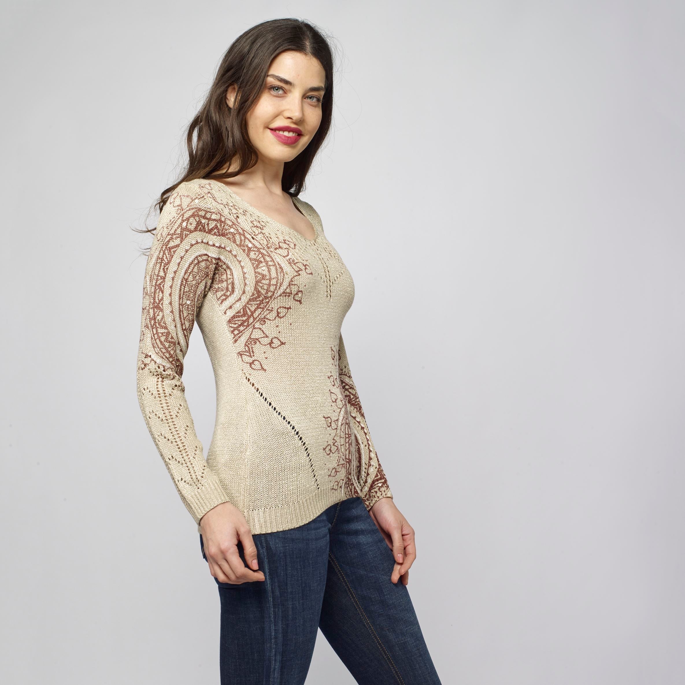 Jersey de Punto Mujer Cuello Pico Estampado Mandala – Koroshi Camel