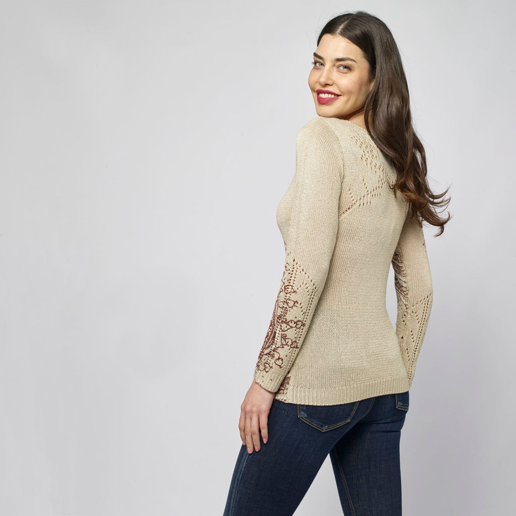 Jersey de Punto Mujer Cuello Pico Estampado Mandala – Koroshi Camel