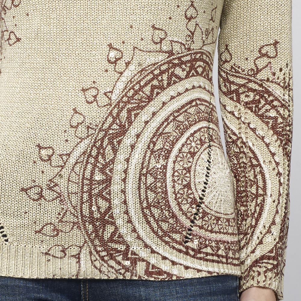 Jersey de Punto Mujer Cuello Pico Estampado Mandala – Koroshi Camel