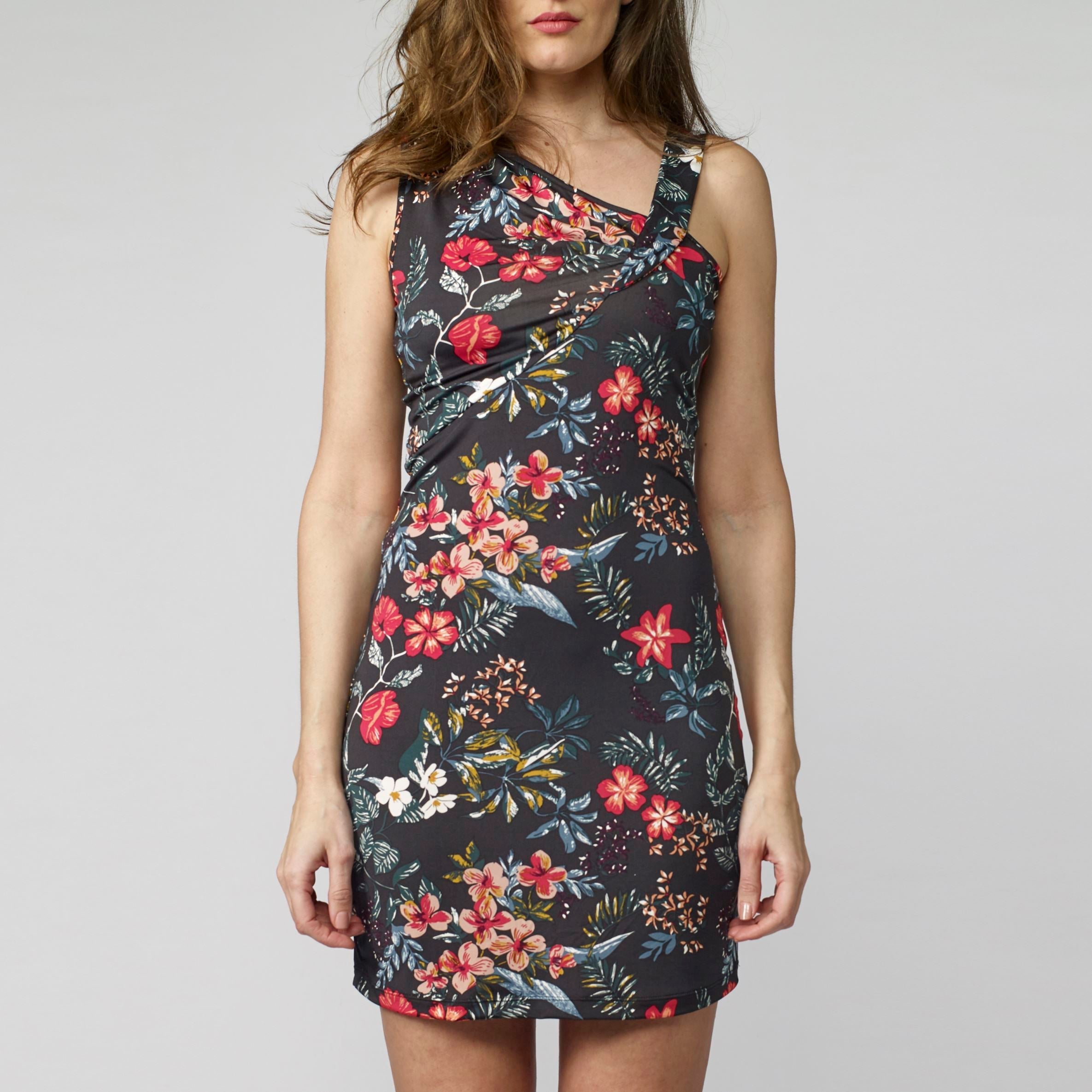 Vestido Mujer Sin Mangas Estampado Floral Tropical Entallado – Koroshi Negro