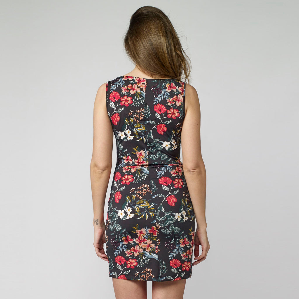Vestido Mujer Sin Mangas Estampado Floral Tropical Entallado – Koroshi Negro