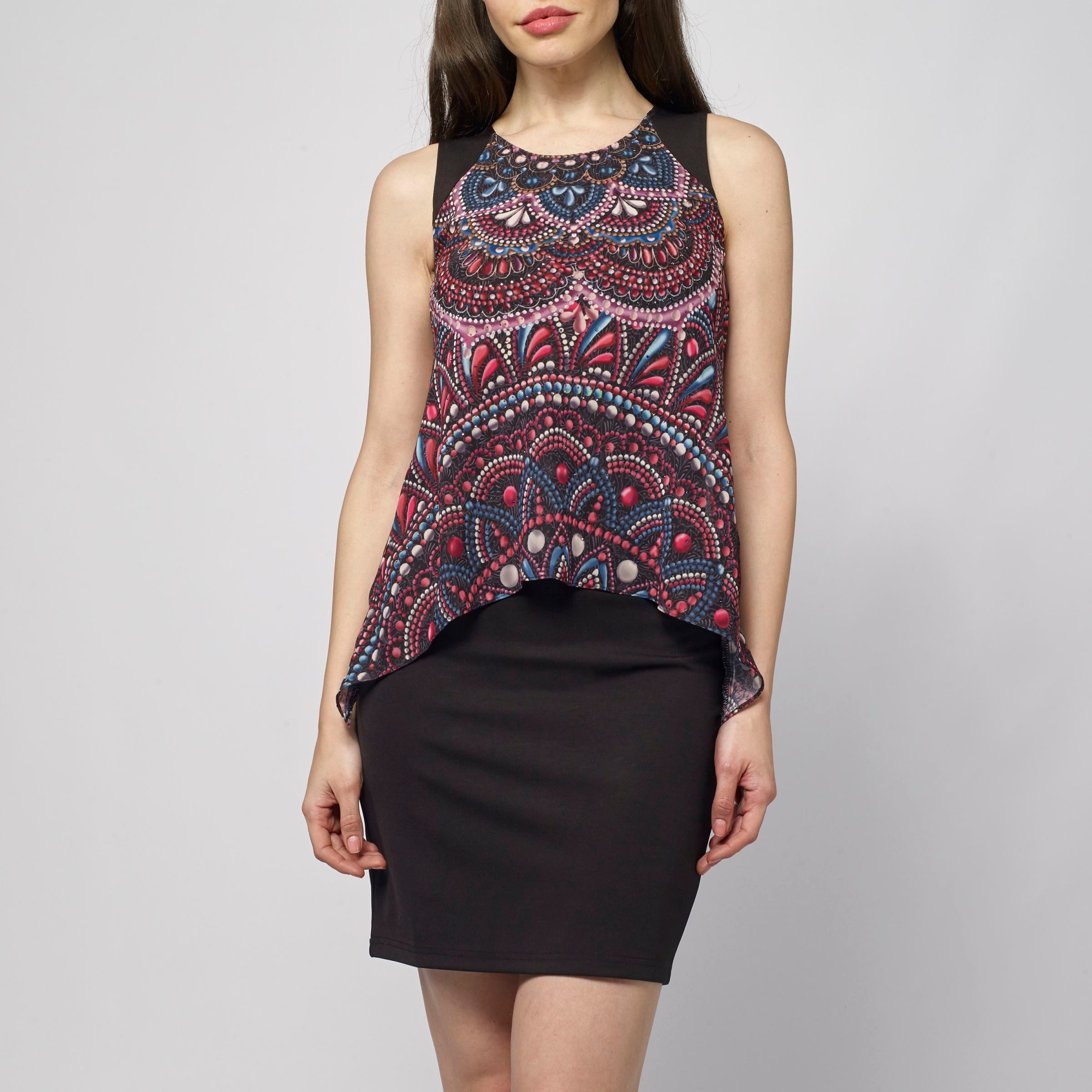Vestido Mujer Fluido Sin Mangas Estampado Étnico – Koroshi Negro