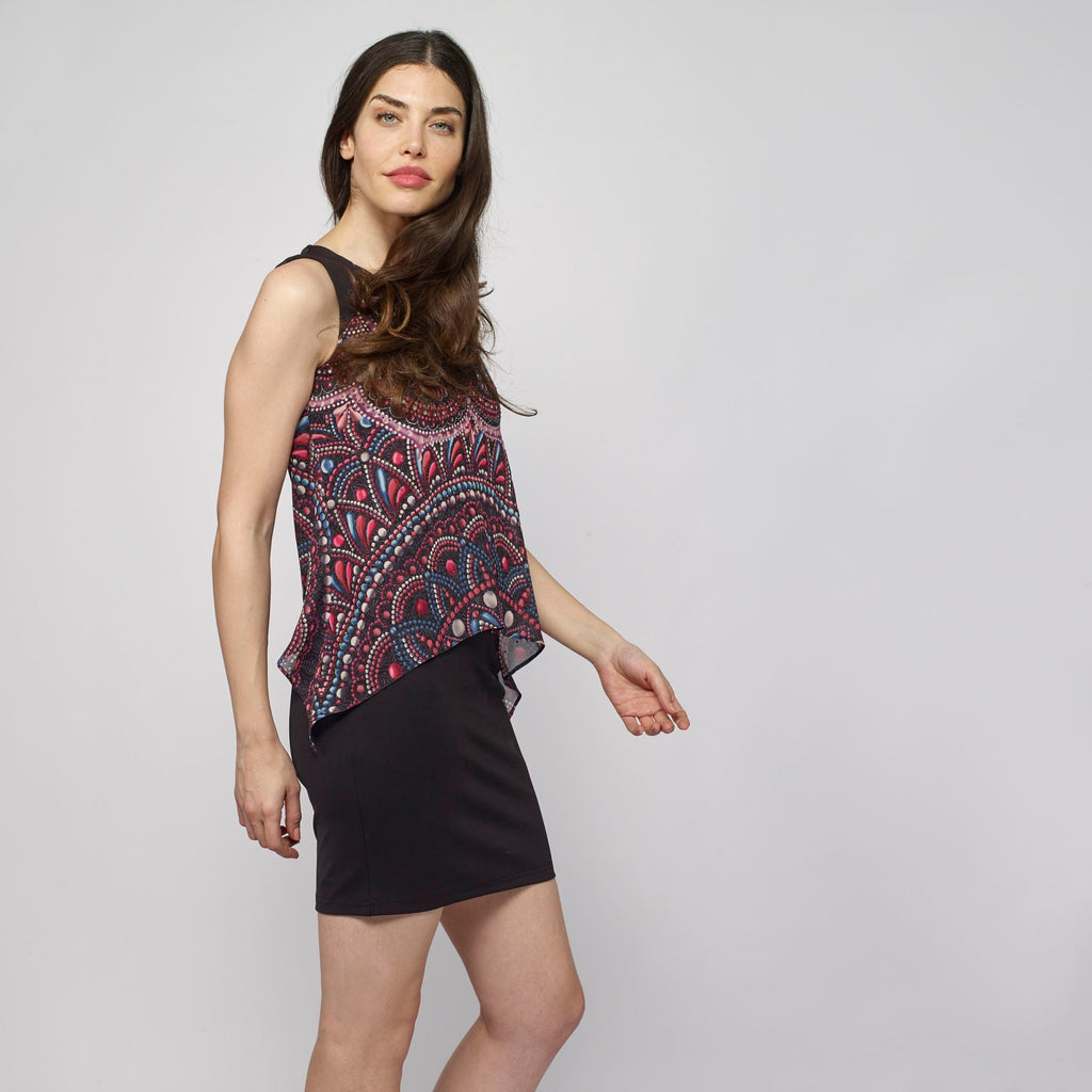 Vestido Mujer Fluido Sin Mangas Estampado Étnico – Koroshi Negro