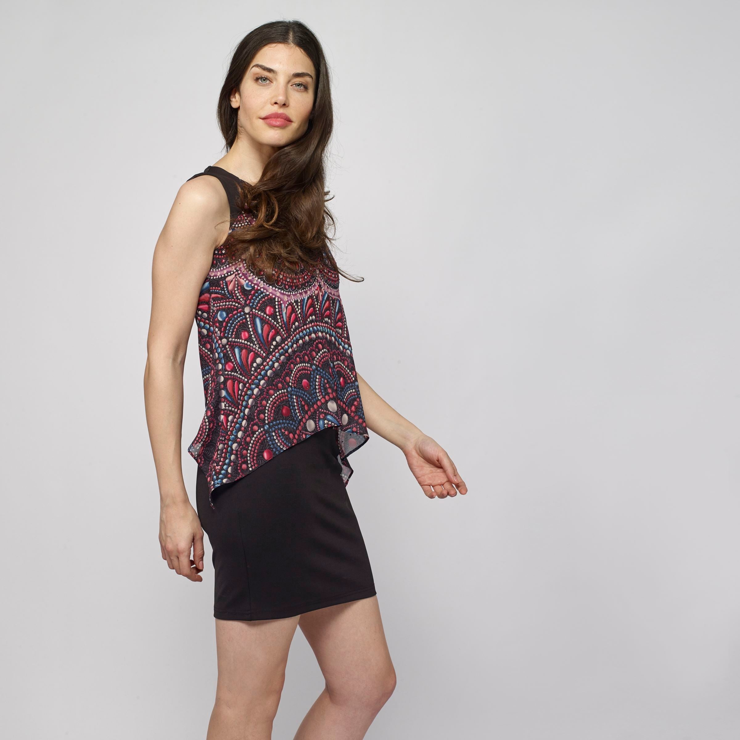 Vestido Mujer Fluido Sin Mangas Estampado Étnico – Koroshi Negro
