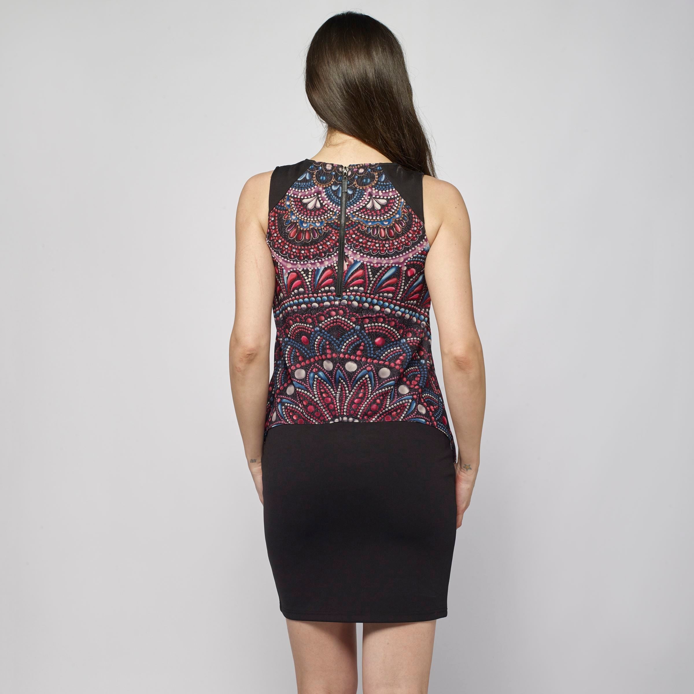 Vestido Mujer Fluido Sin Mangas Estampado Étnico – Koroshi Negro