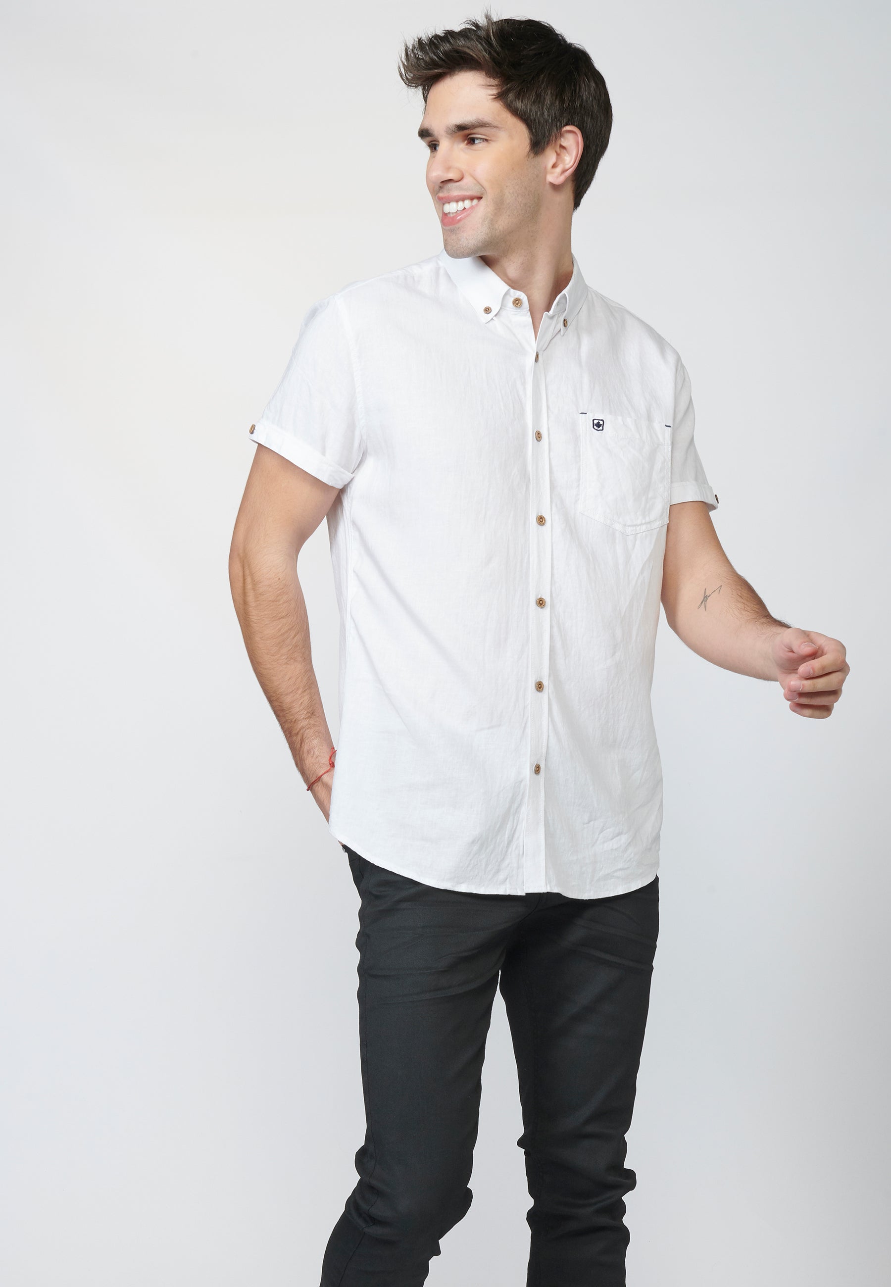 Camisa Hombre Manga Corta Lino Algodón Cuello Button Down – Koroshi 2211CC08