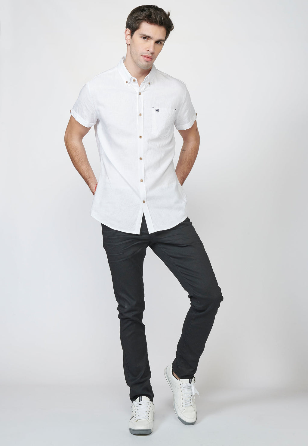 Camisa Hombre Manga Corta Lino Algodón Cuello Button Down – Koroshi 2211CC08