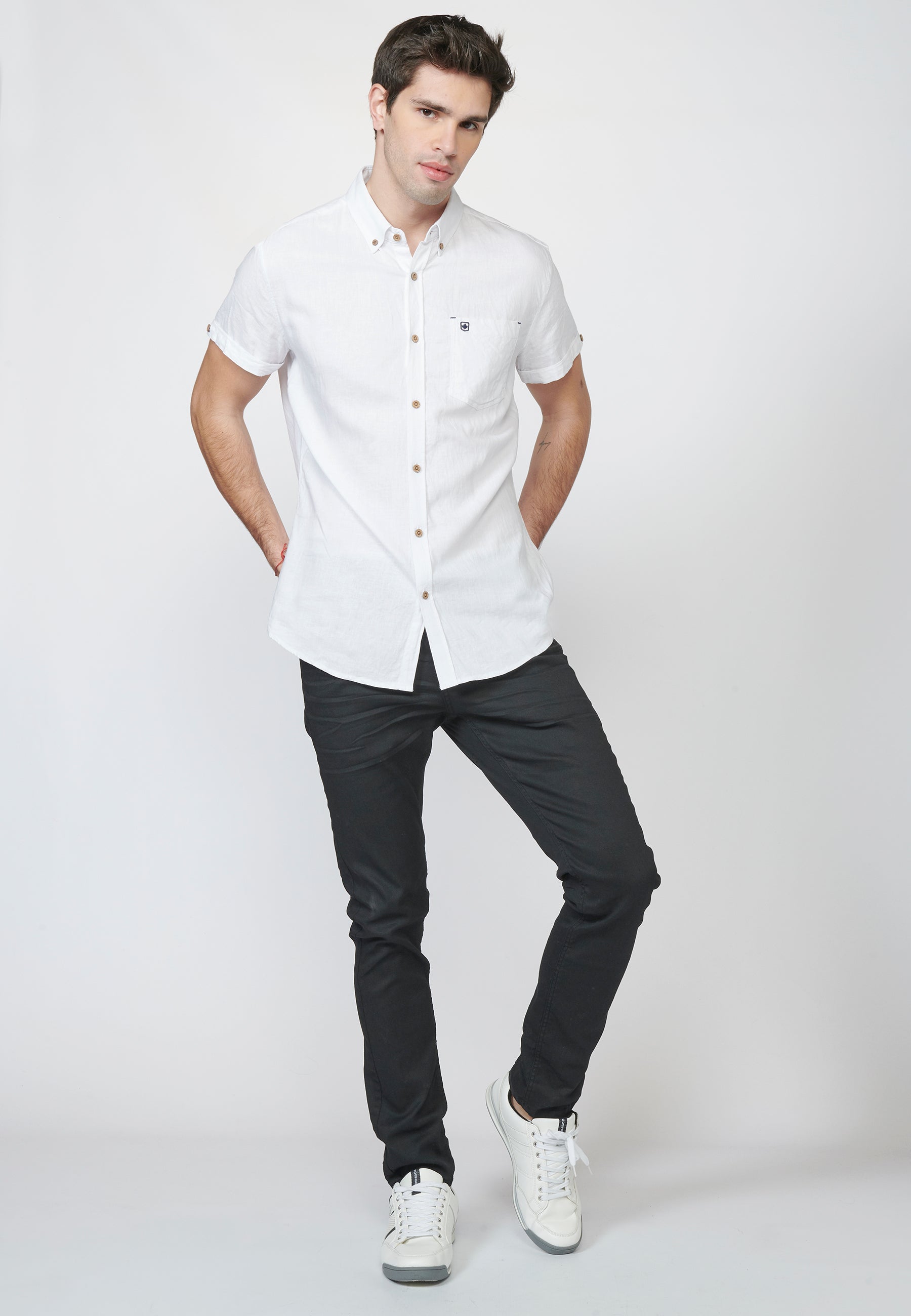 Camisa Hombre Manga Corta Lino Algodón Cuello Button Down – Koroshi 2211CC08
