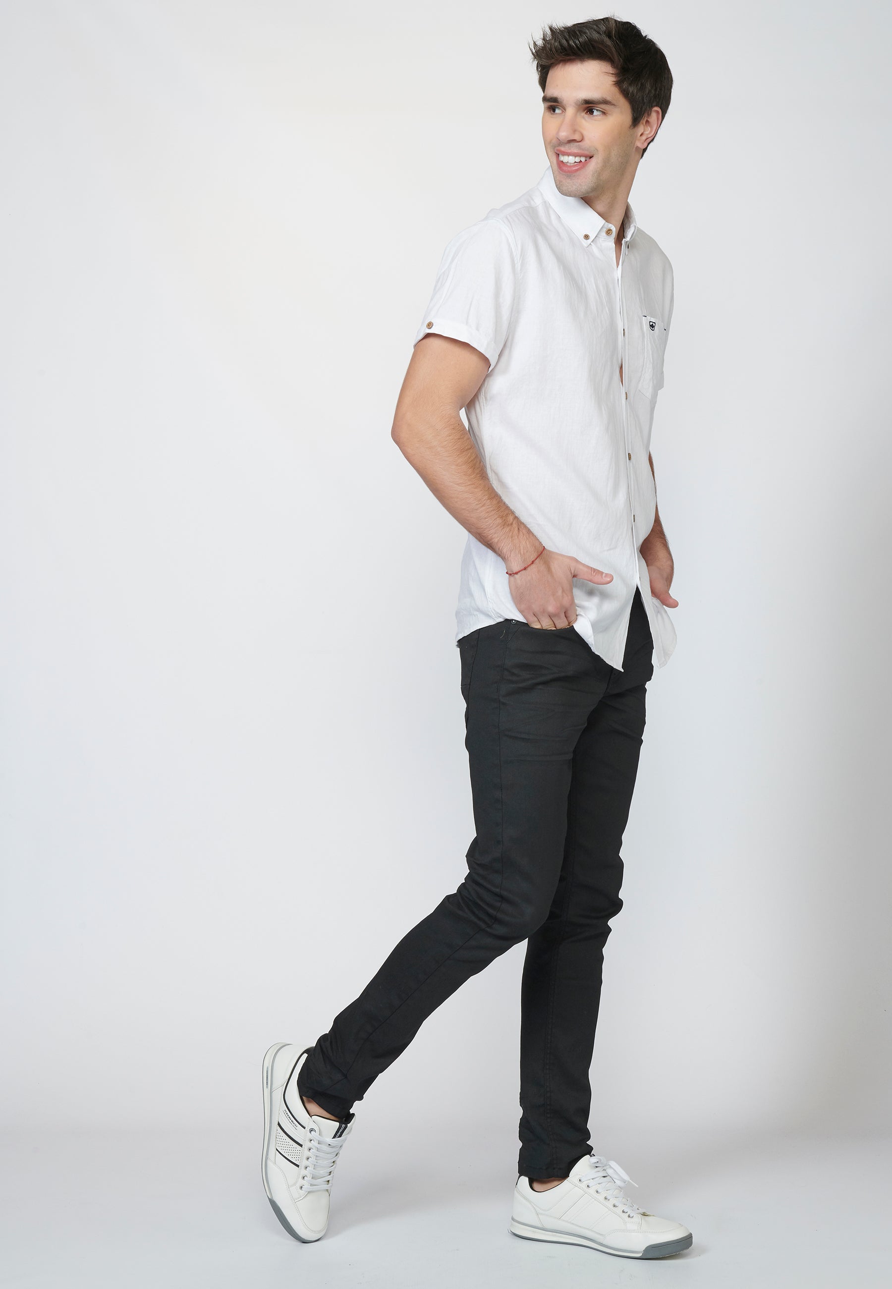 Camisa Hombre Manga Corta Lino Algodón Cuello Button Down – Koroshi 2211CC08