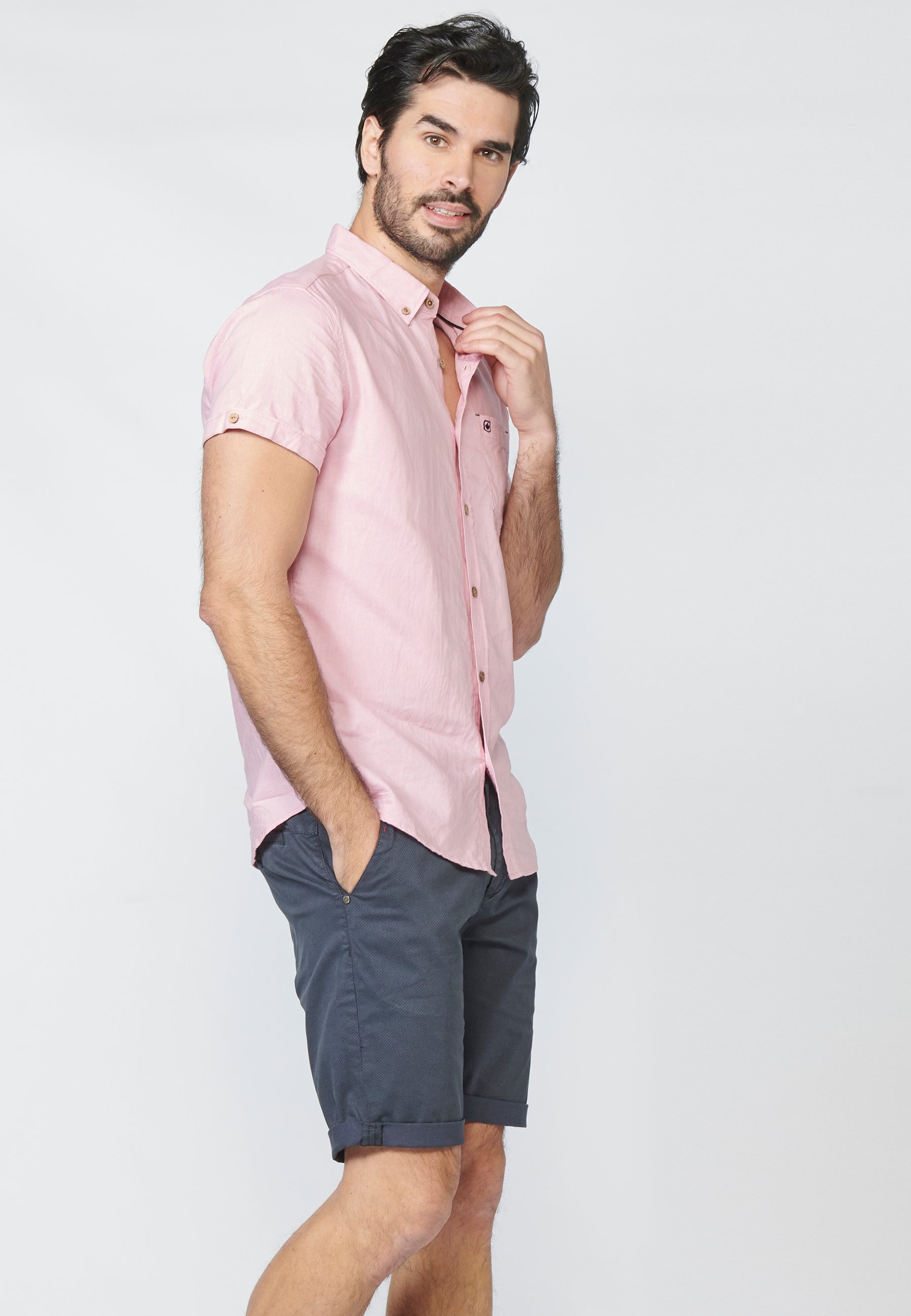 Camisa Hombre Manga Corta Lino Algodón Cuello Button Down – Koroshi 2211CC08