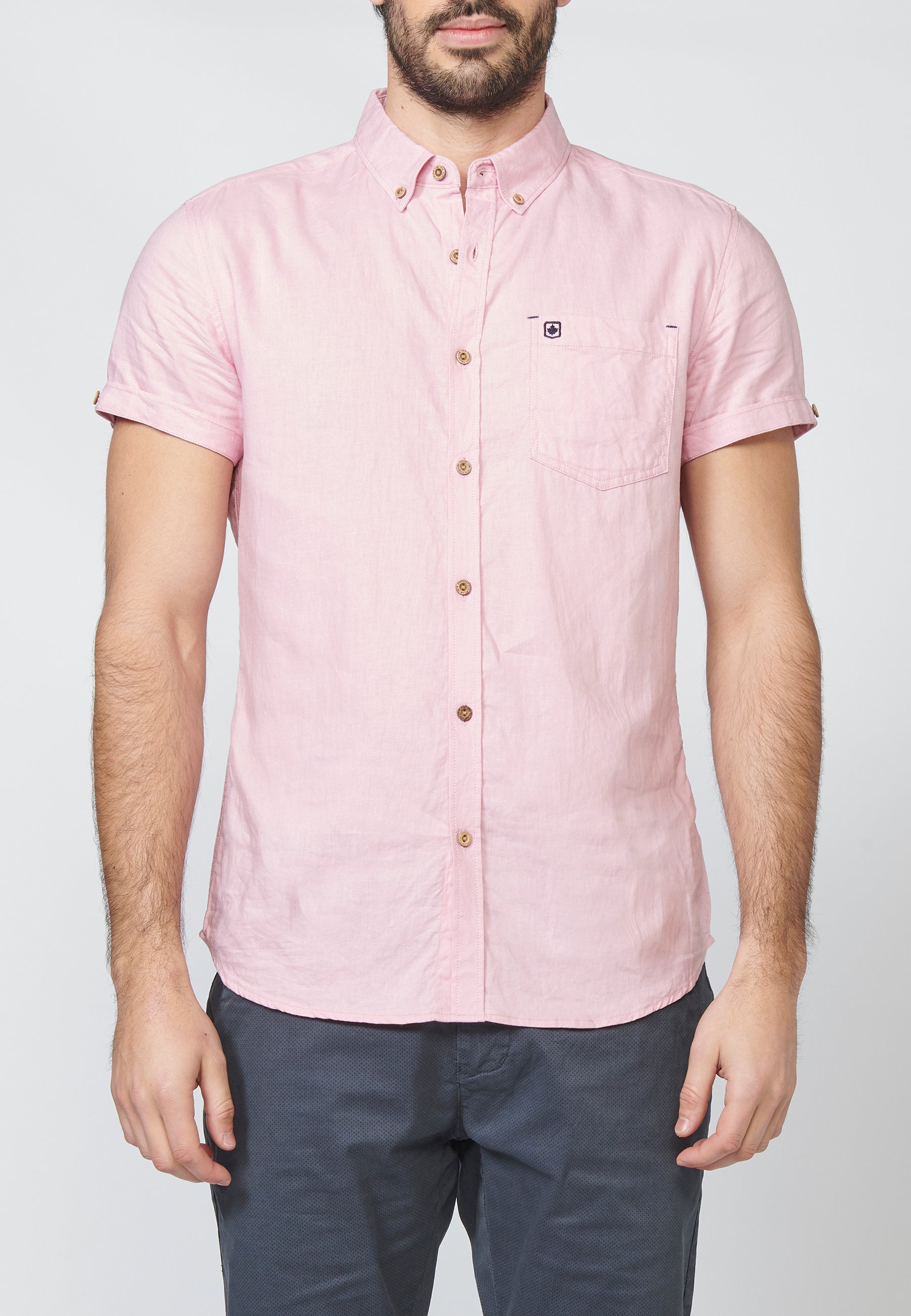 Camisa Hombre Manga Corta Lino Algodón Cuello Button Down – Koroshi 2211CC08