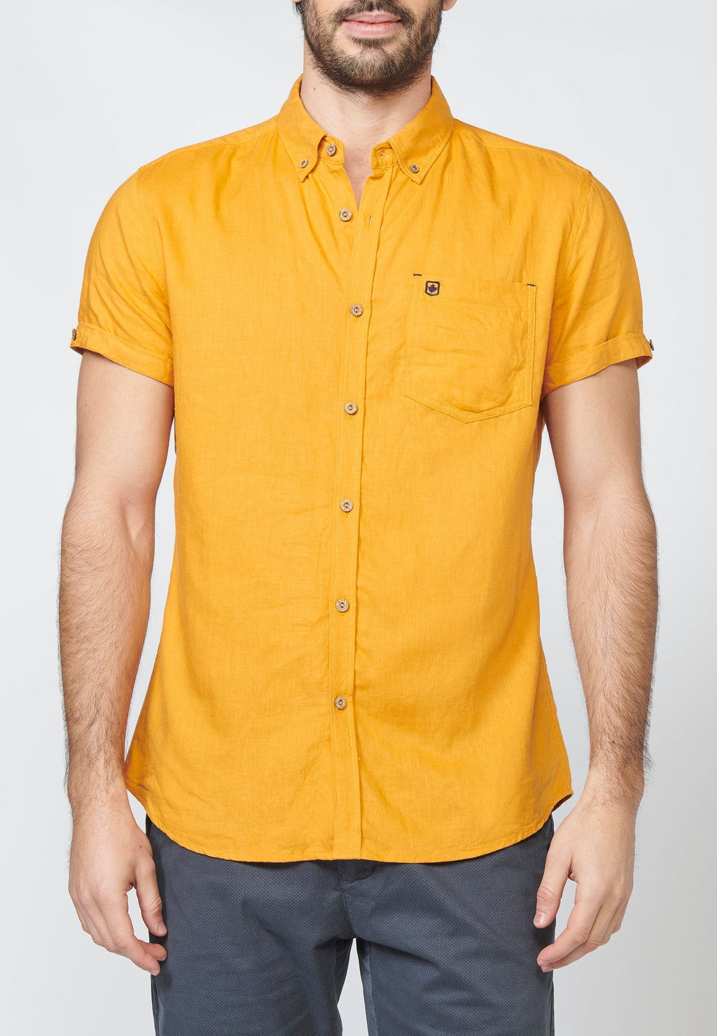 Camisa Hombre Manga Corta Lino Algodón Cuello Button Down – Koroshi 2211CC08