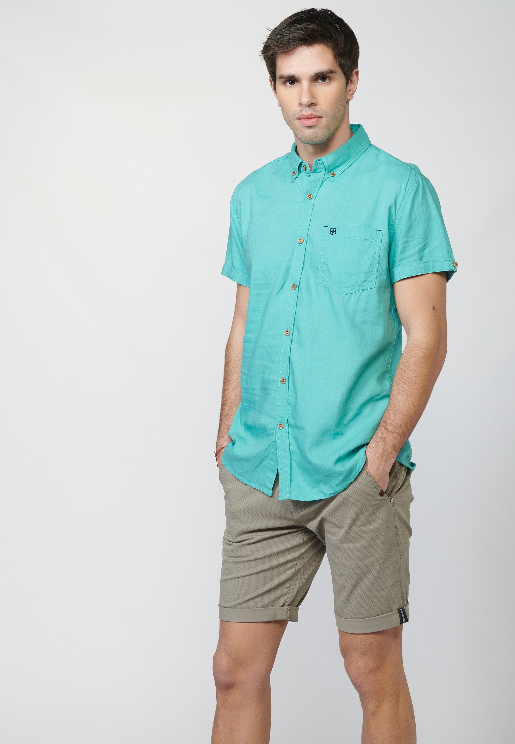 Camisa Hombre Manga Corta Lino Algodón Cuello Button Down – Koroshi 2211CC08