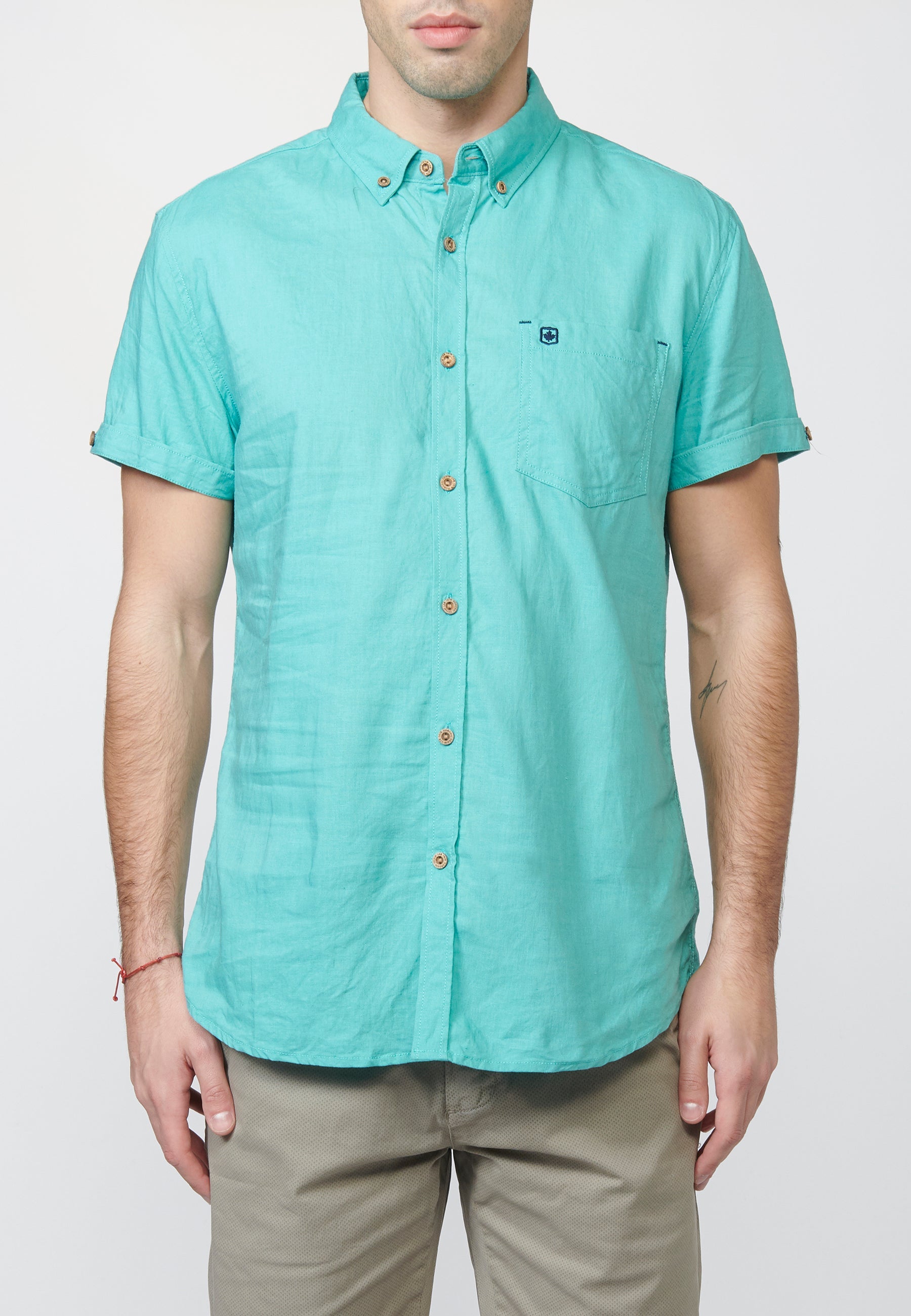 Camisa Hombre Manga Corta Lino Algodón Cuello Button Down – Koroshi 2211CC08