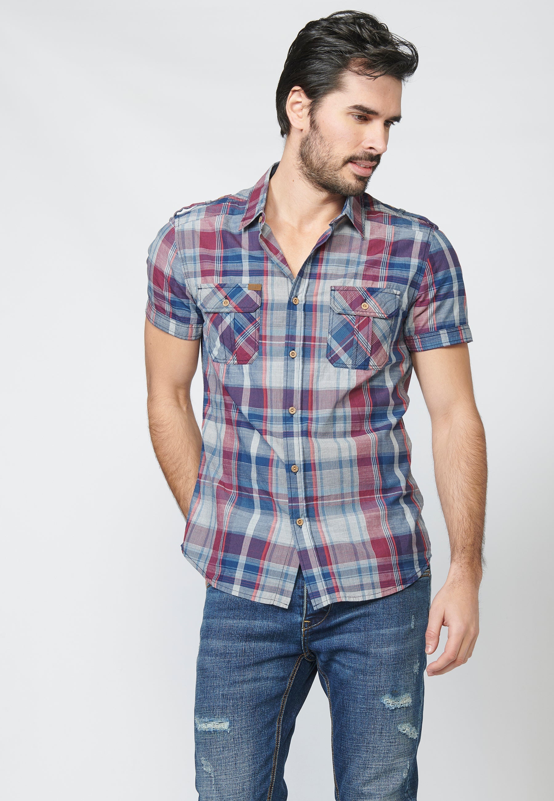 Camisa Hombre Manga Corta Cuadros Bolsillos Solapa – Koroshi 2211CC55