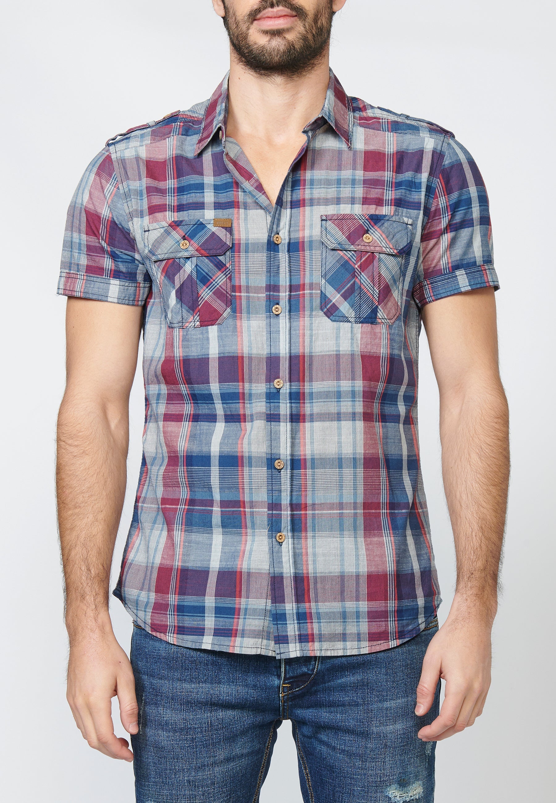 Camisa Hombre Manga Corta Cuadros Bolsillos Solapa – Koroshi 2211CC55