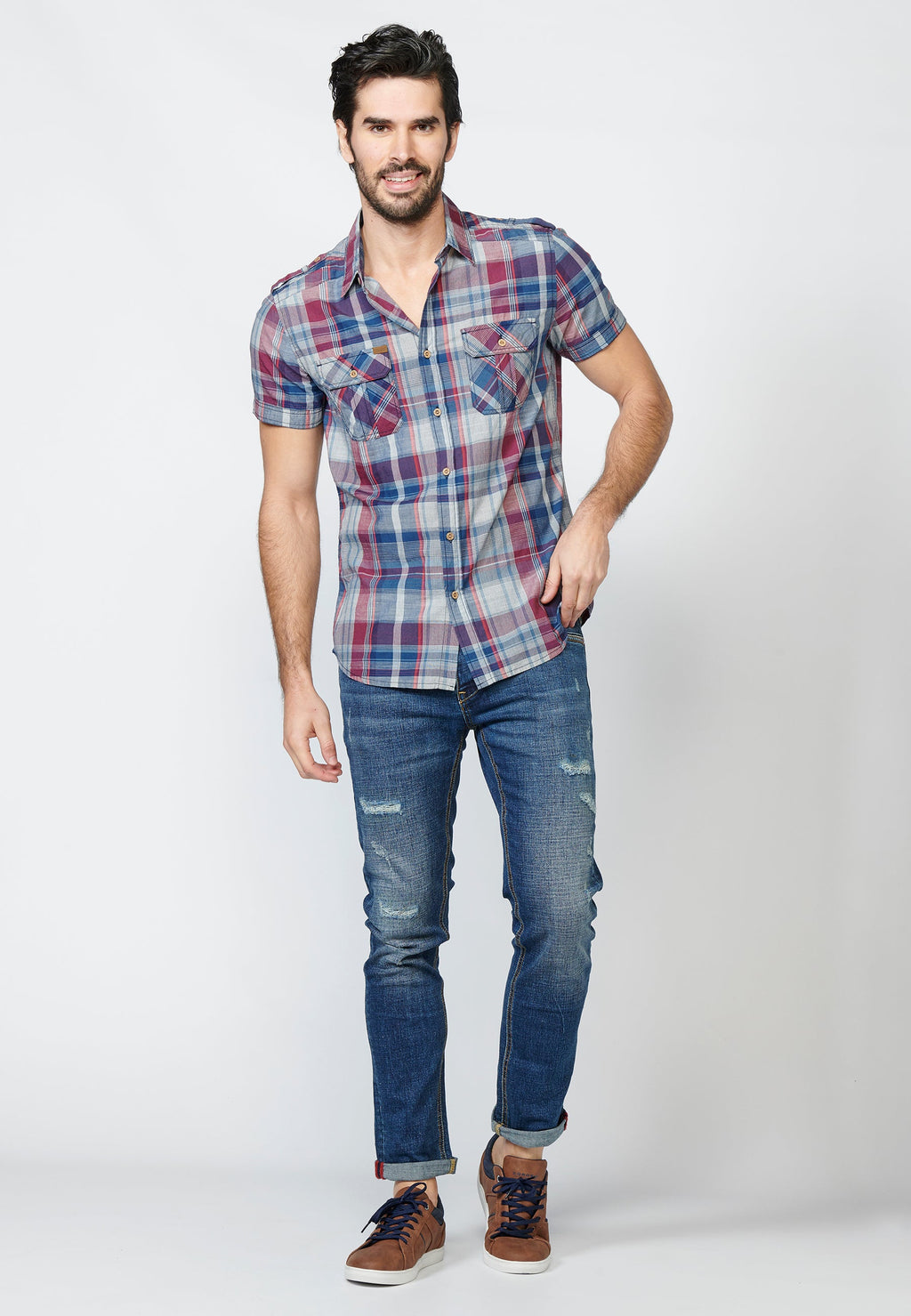 Camisa Hombre Manga Corta Cuadros Bolsillos Solapa – Koroshi 2211CC55