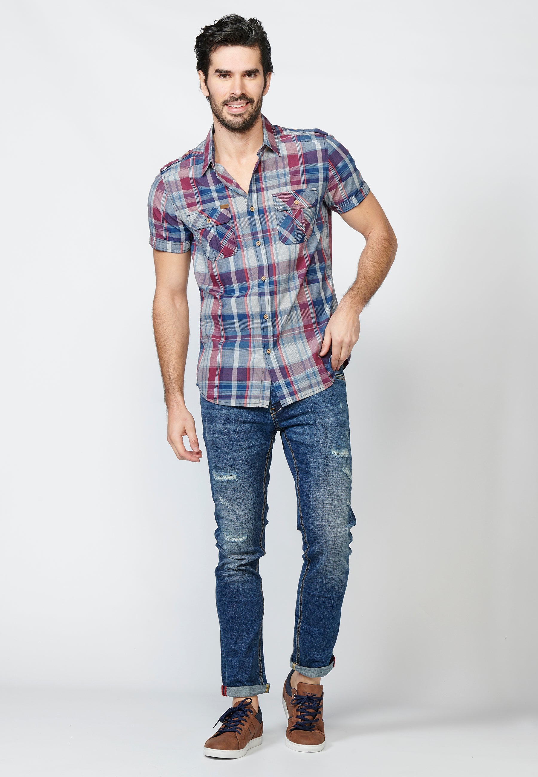 Camisa Hombre Manga Corta Cuadros Bolsillos Solapa – Koroshi 2211CC55