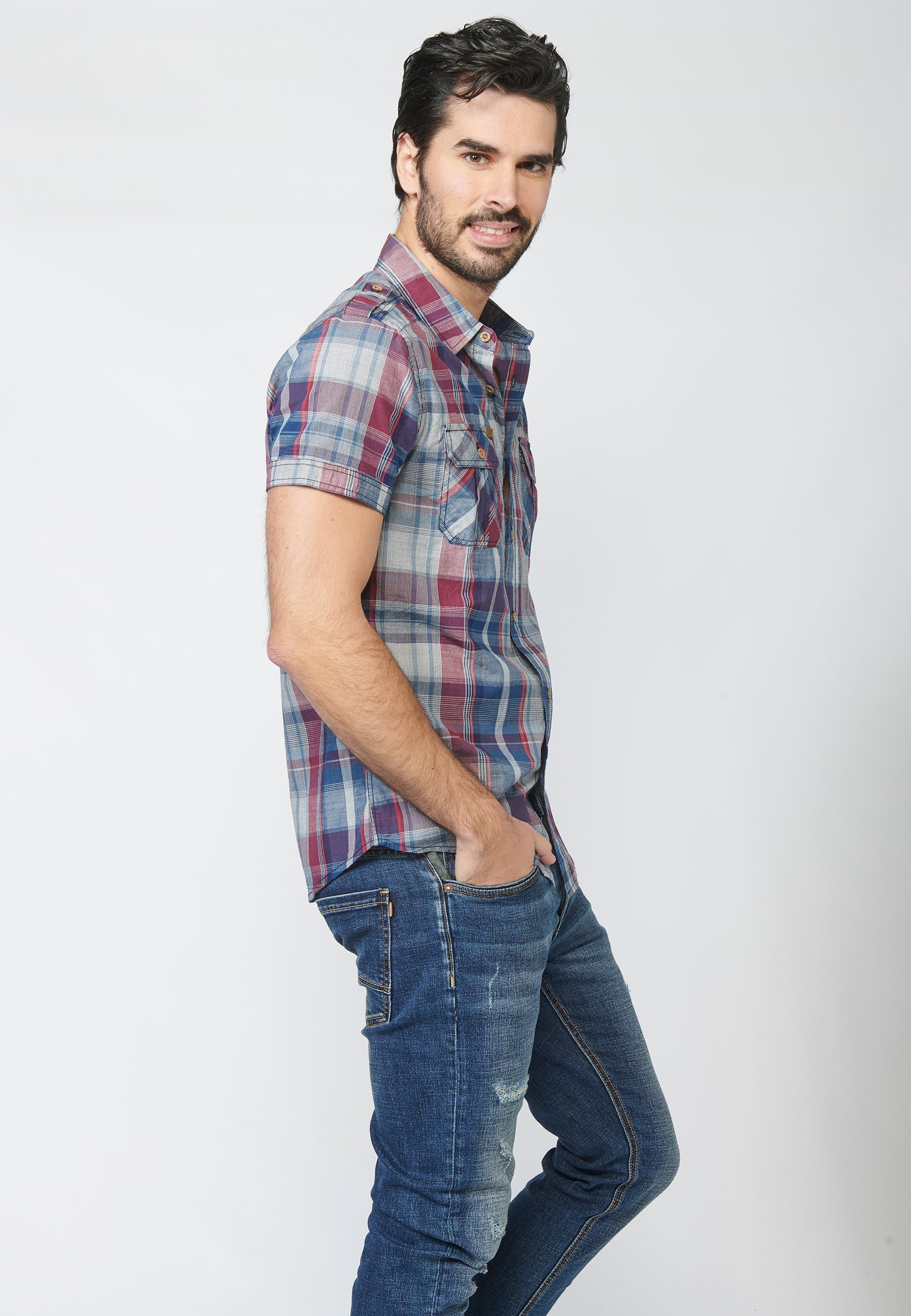 Camisa Hombre Manga Corta Cuadros Bolsillos Solapa – Koroshi 2211CC55
