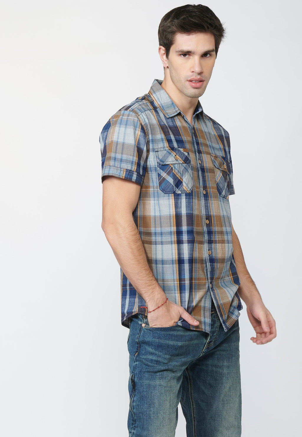 Camisa Hombre Manga Corta Cuadros Bolsillos Solapa – Koroshi 2211CC55
