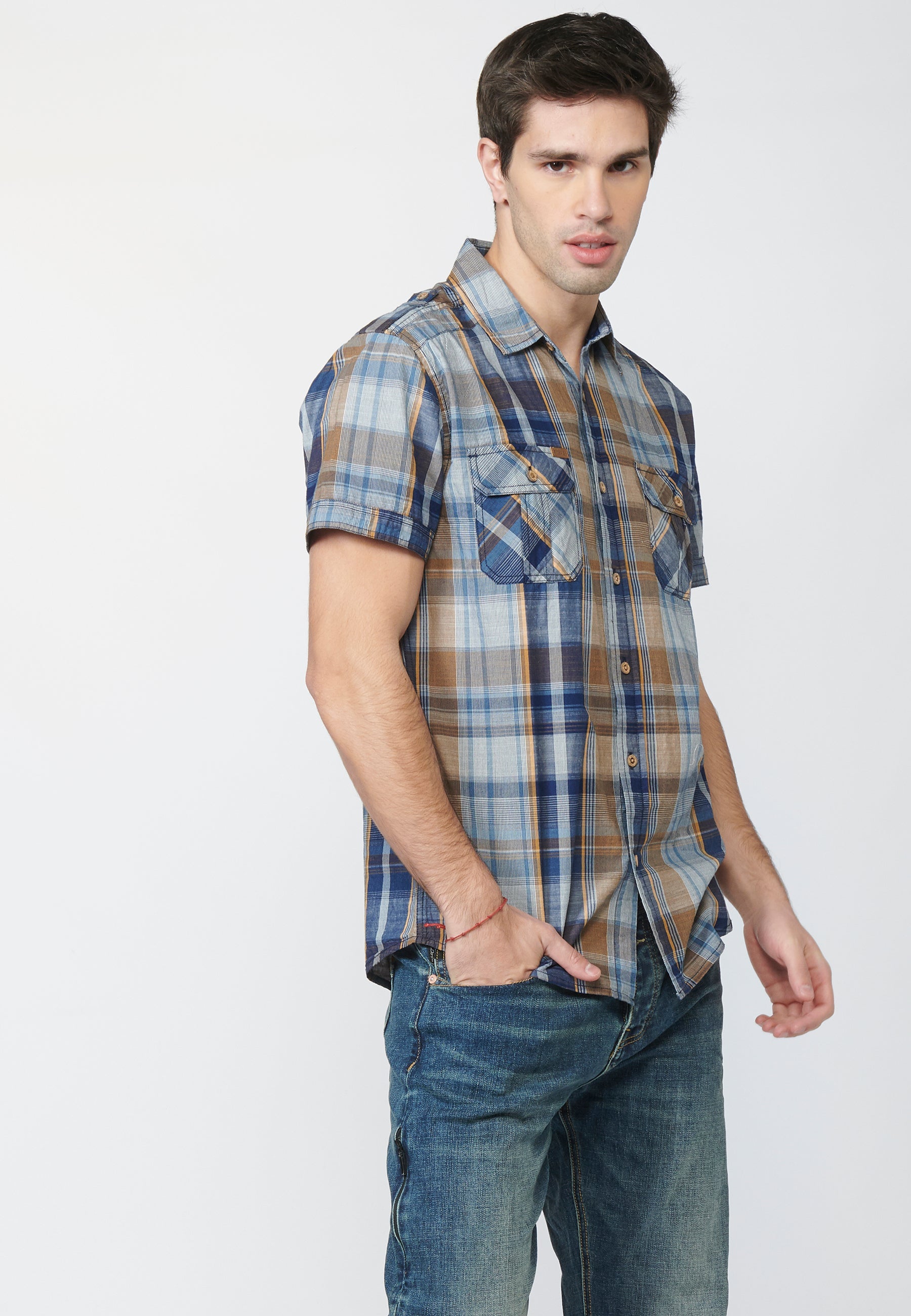Camisa Hombre Manga Corta Cuadros Bolsillos Solapa – Koroshi 2211CC55