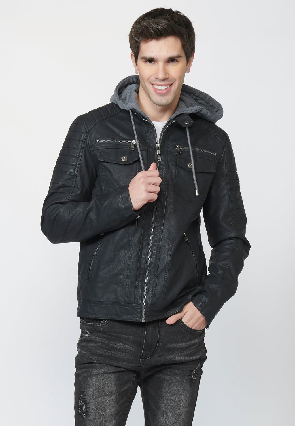 Chaqueta Cazadora Hombre Efecto Piel Capucha Desmontable – Koroshi 2211JA05