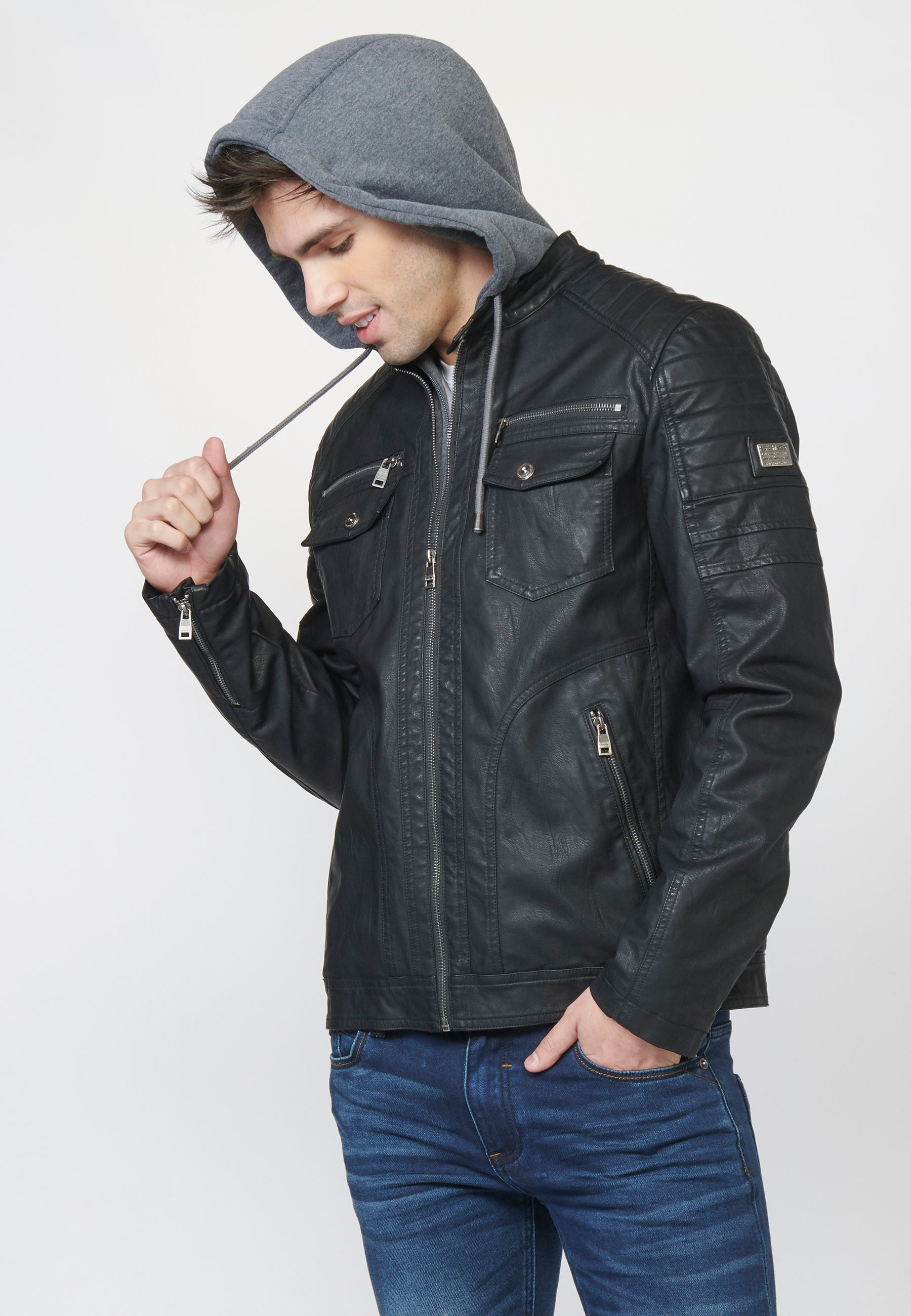 Chaqueta Cazadora Hombre Efecto Piel Capucha Desmontable – Koroshi 2211JA05