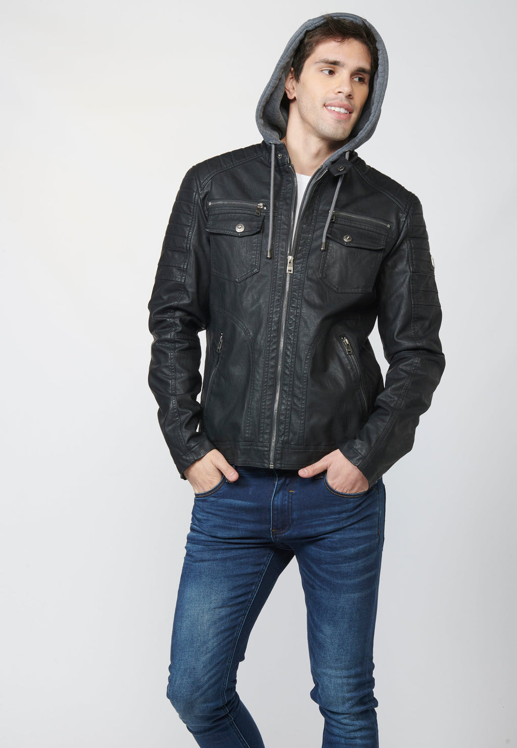Chaqueta Cazadora Hombre Efecto Piel Capucha Desmontable – Koroshi 2211JA05