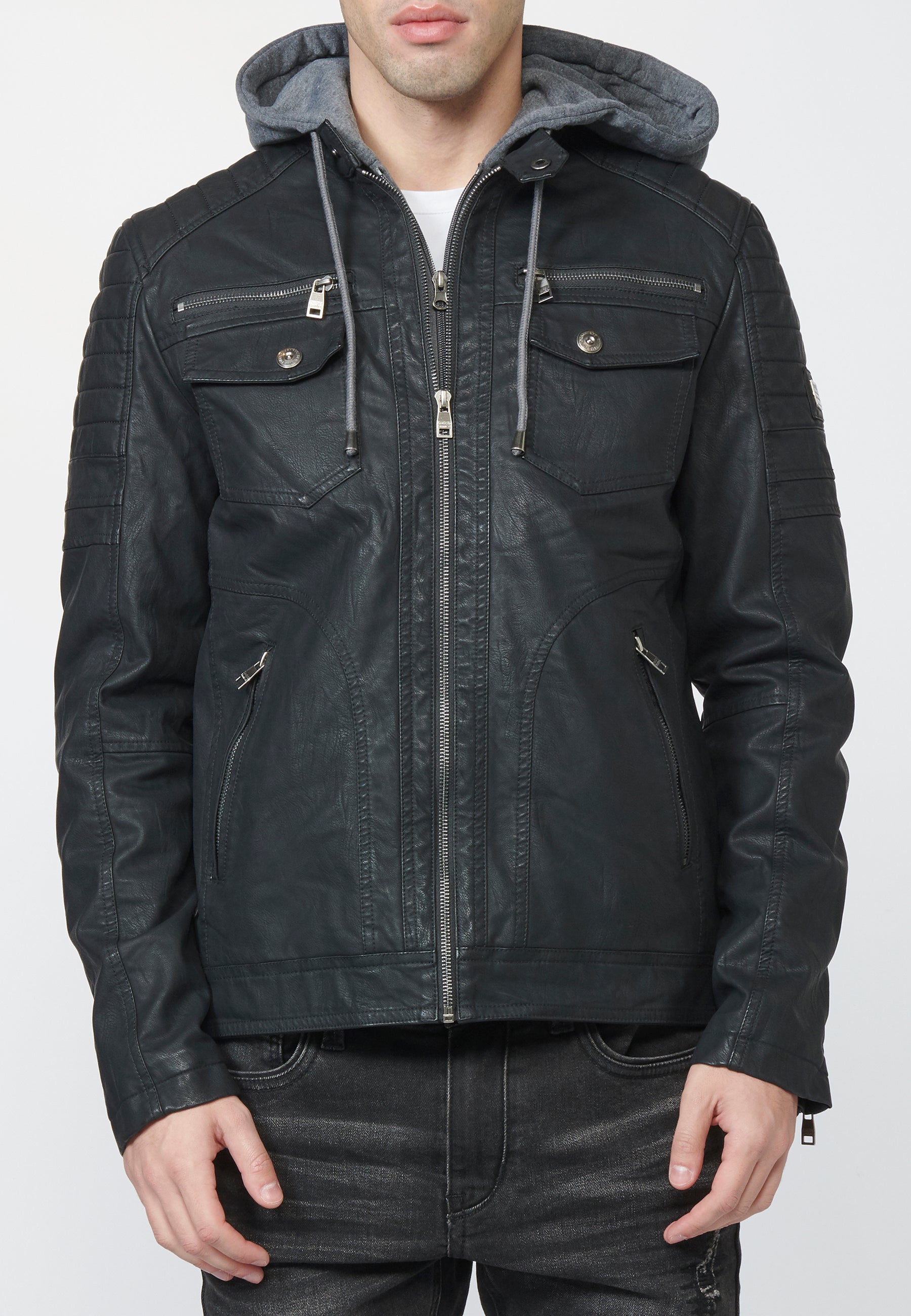 Chaqueta Cazadora Hombre Efecto Piel Capucha Desmontable – Koroshi 2211JA05