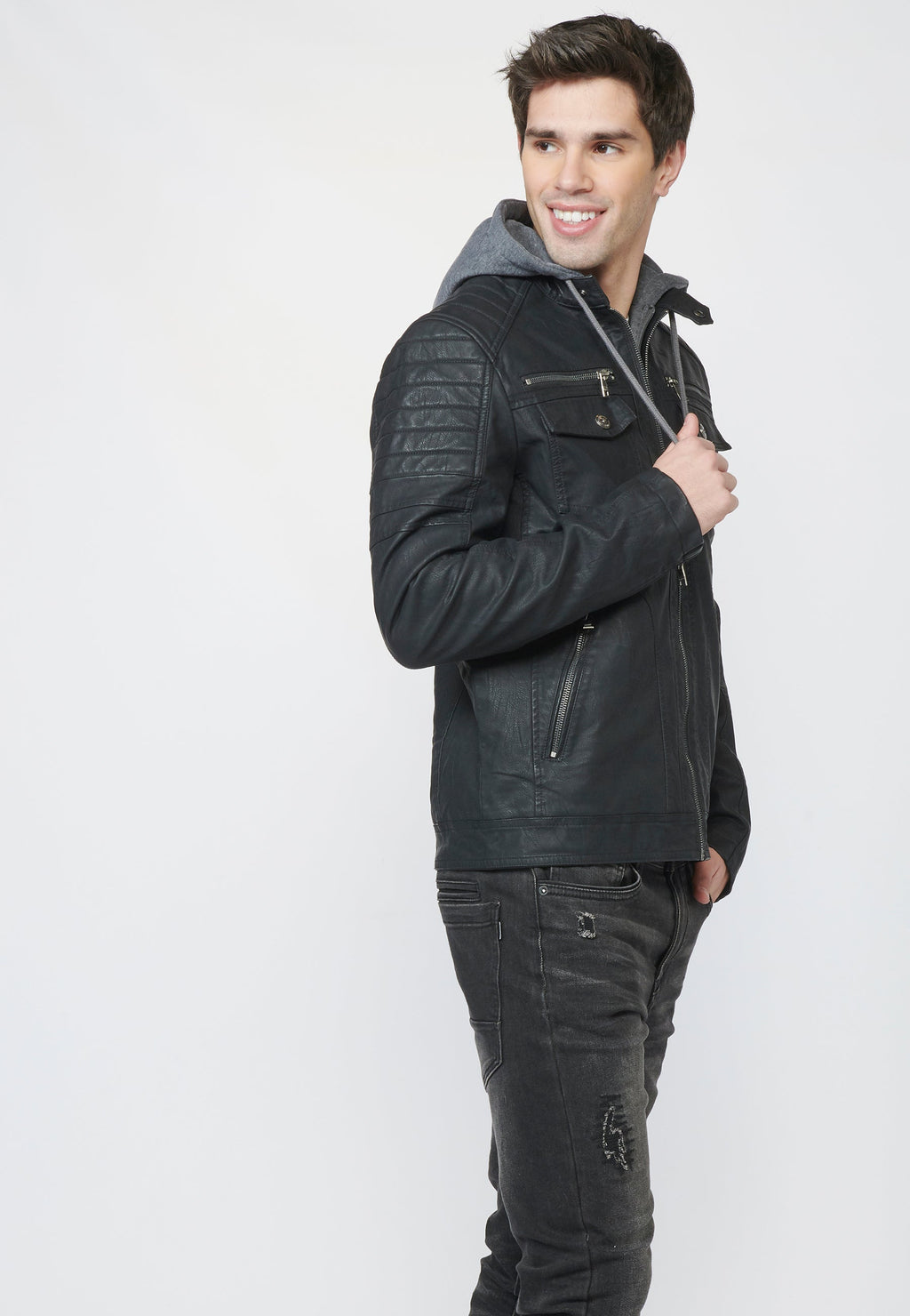 Chaqueta Cazadora Hombre Efecto Piel Capucha Desmontable – Koroshi 2211JA05