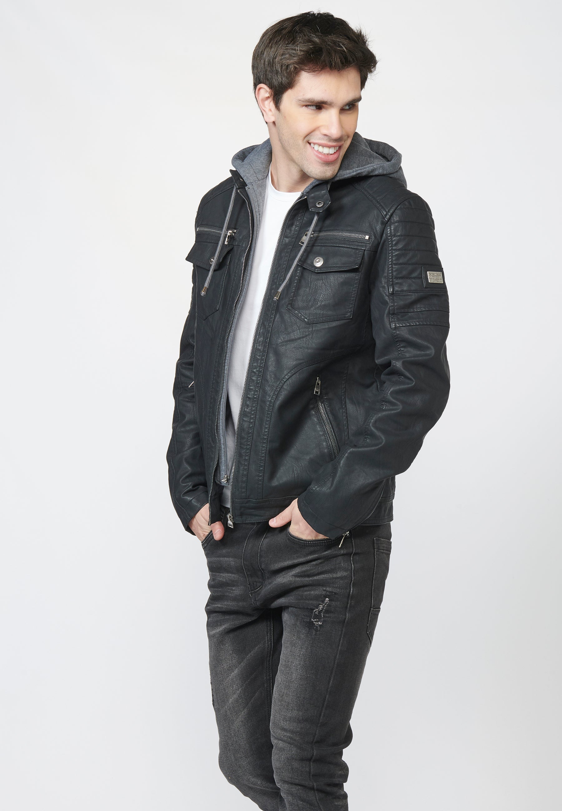 Chaqueta Cazadora Hombre Efecto Piel Capucha Desmontable – Koroshi 2211JA05